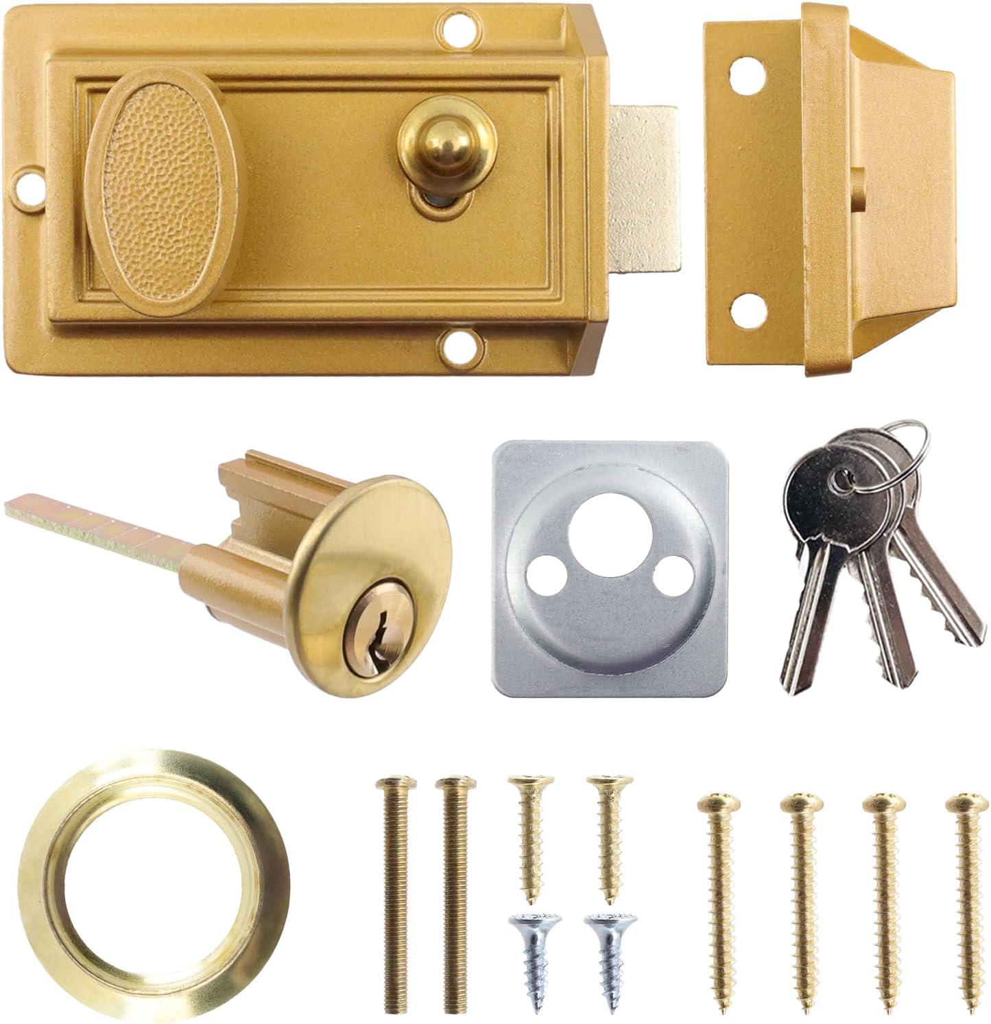 Bitray Night Latch Deadbolt Rim Lock, Anti-Theft Door Lock Antique Locks with Keys, Heavy Guard Security Key, Night Latch LocksFinish in Gold
