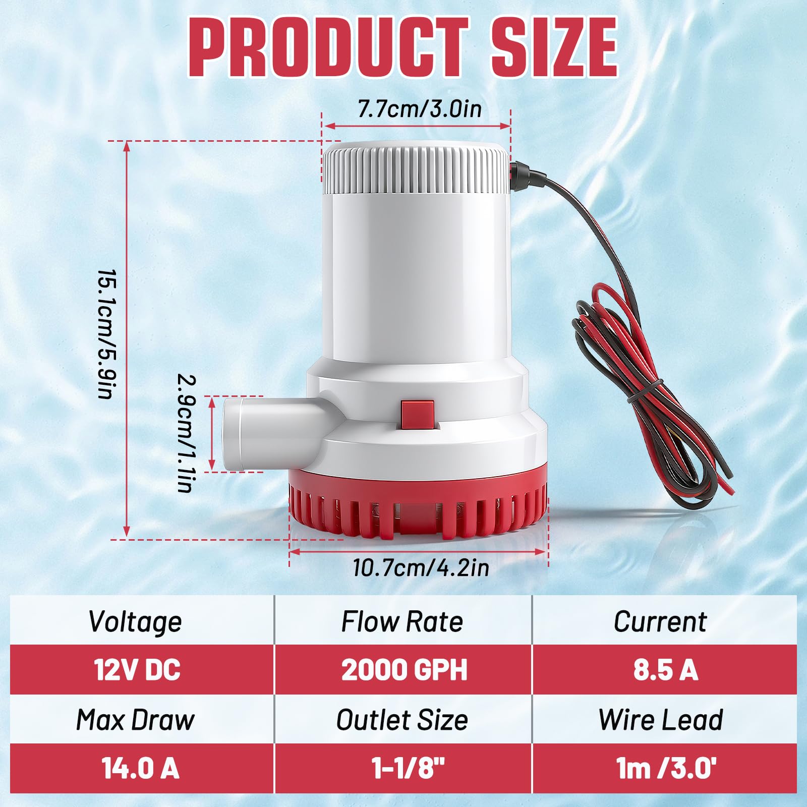 Bomba de Achique 12V 2000GPH, Bomba de Cuña Eléctrica de Barcos, Bomba de Agua de Sentina 29mm(1-1/8") Sumergible, Bomba de Agua Sumergible para Barcos, Yates, Caravanas y Jardines