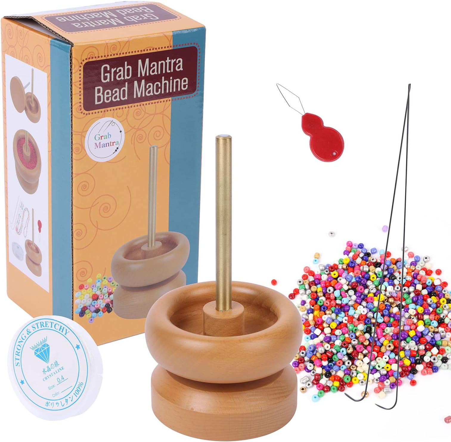 Spin Bead Loader Wooden Bead Spinner Jewelry Making Bead Holder and 2 Pieces Long Beading Needles for Craft Stringing Beads Quickly (Glass Beading Machine Manual)