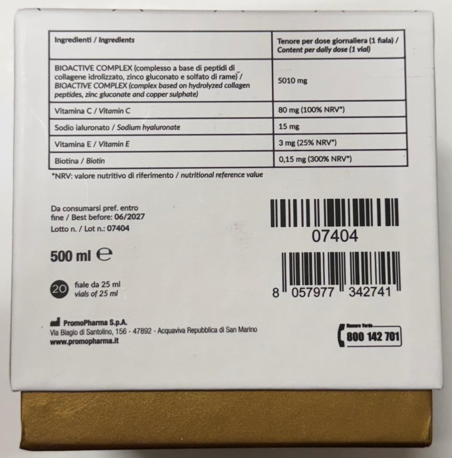 Collagen Bioactive Complex - Péptidos de colágeno hidrolizados de alta biodisponibilidad con vitamina C - Ayuda a mantener la piel elástica - 20 ampollas de 25 ml