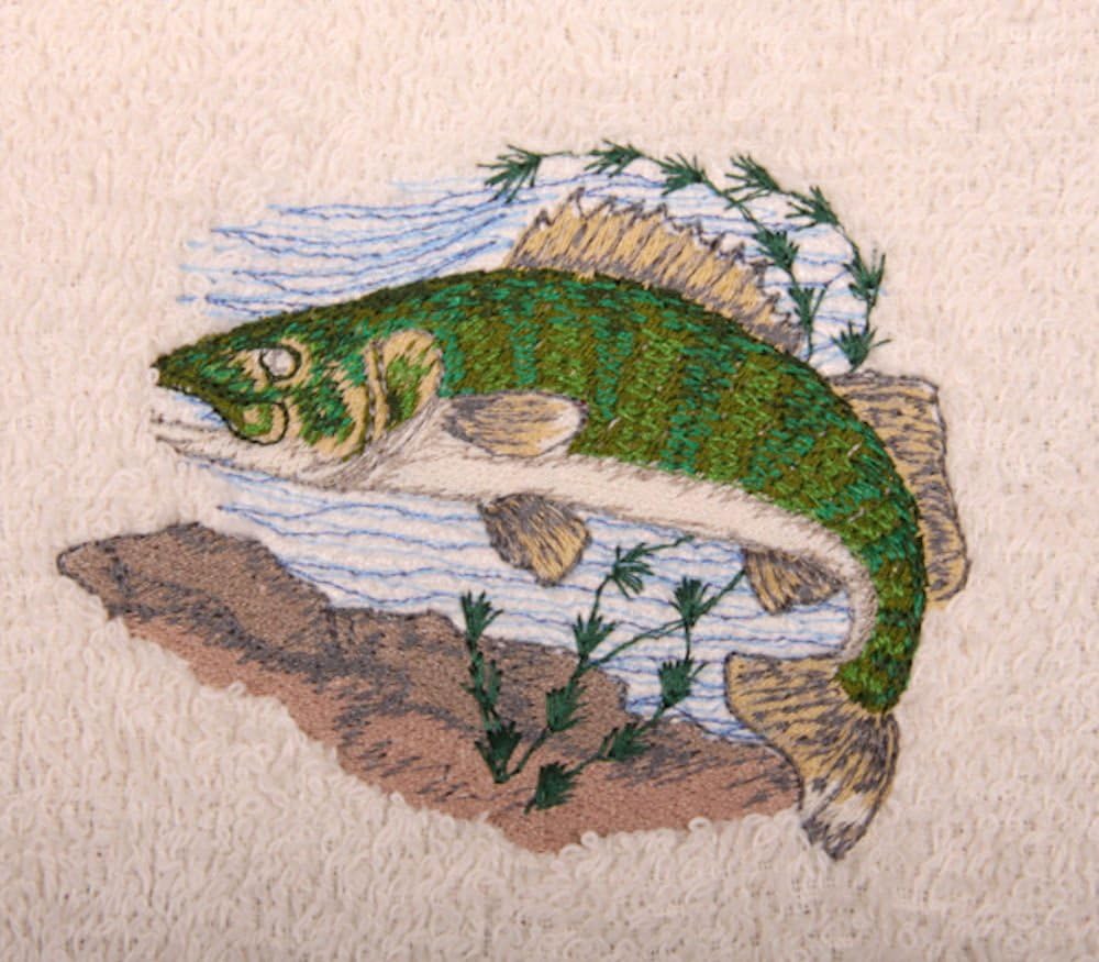 Bath Towel Set with Embroidered Walleye Fish