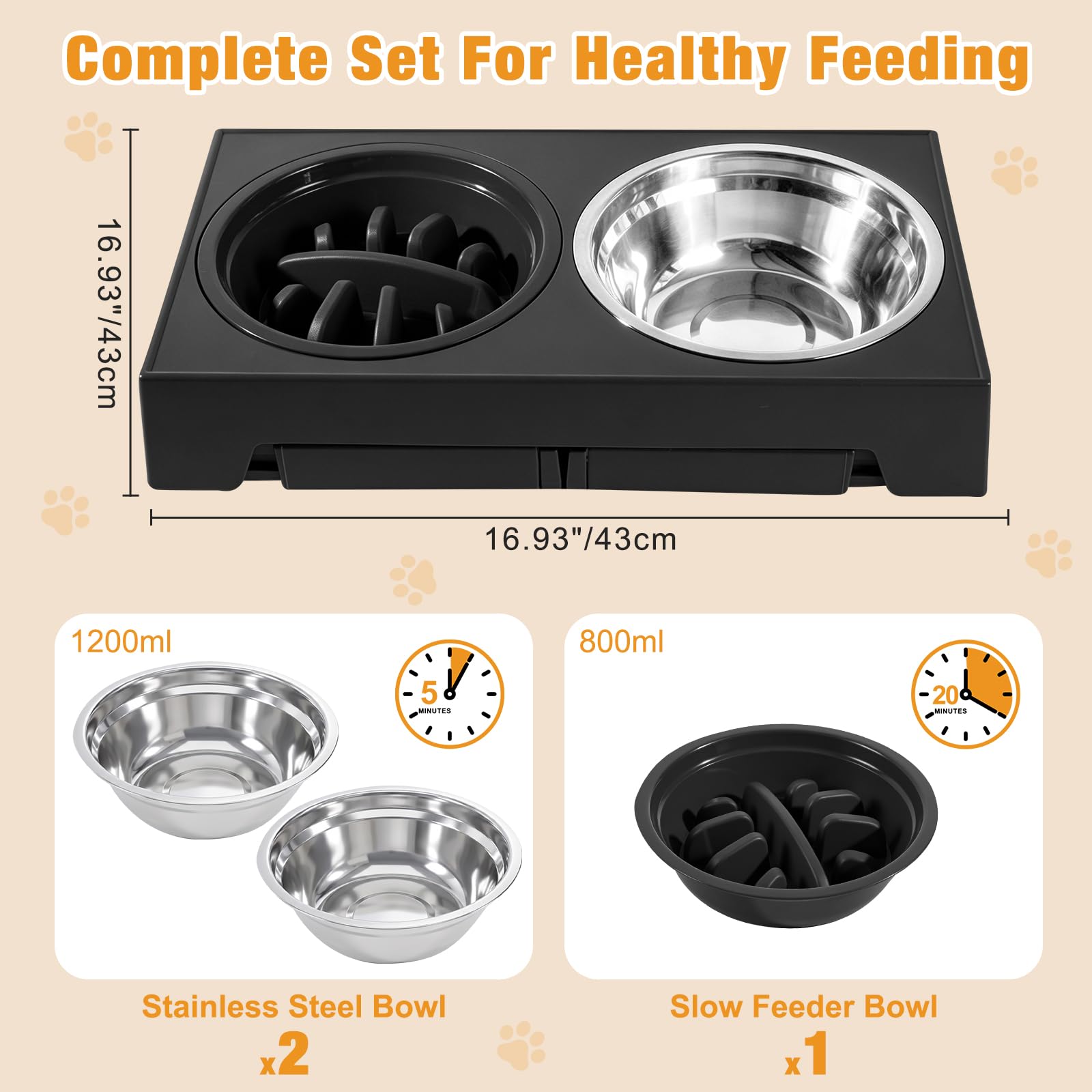 Gamelle surélevée pour chien – 5 niveaux réglables en hauteur – Mangeoire avec 2 bols en acier inoxydable de 1200 ml et 1 gamelle Slow-Feeder, antidérapante, pliable, pour petits et grands chiens