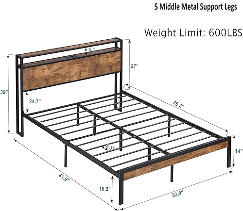 Miniatura 9 de Base de cama Queen con luces LED, 2 puertos USB, cabecera rústica de almacenamiento de 2 niveles, marco de cama de plataforma industrial, cámaras