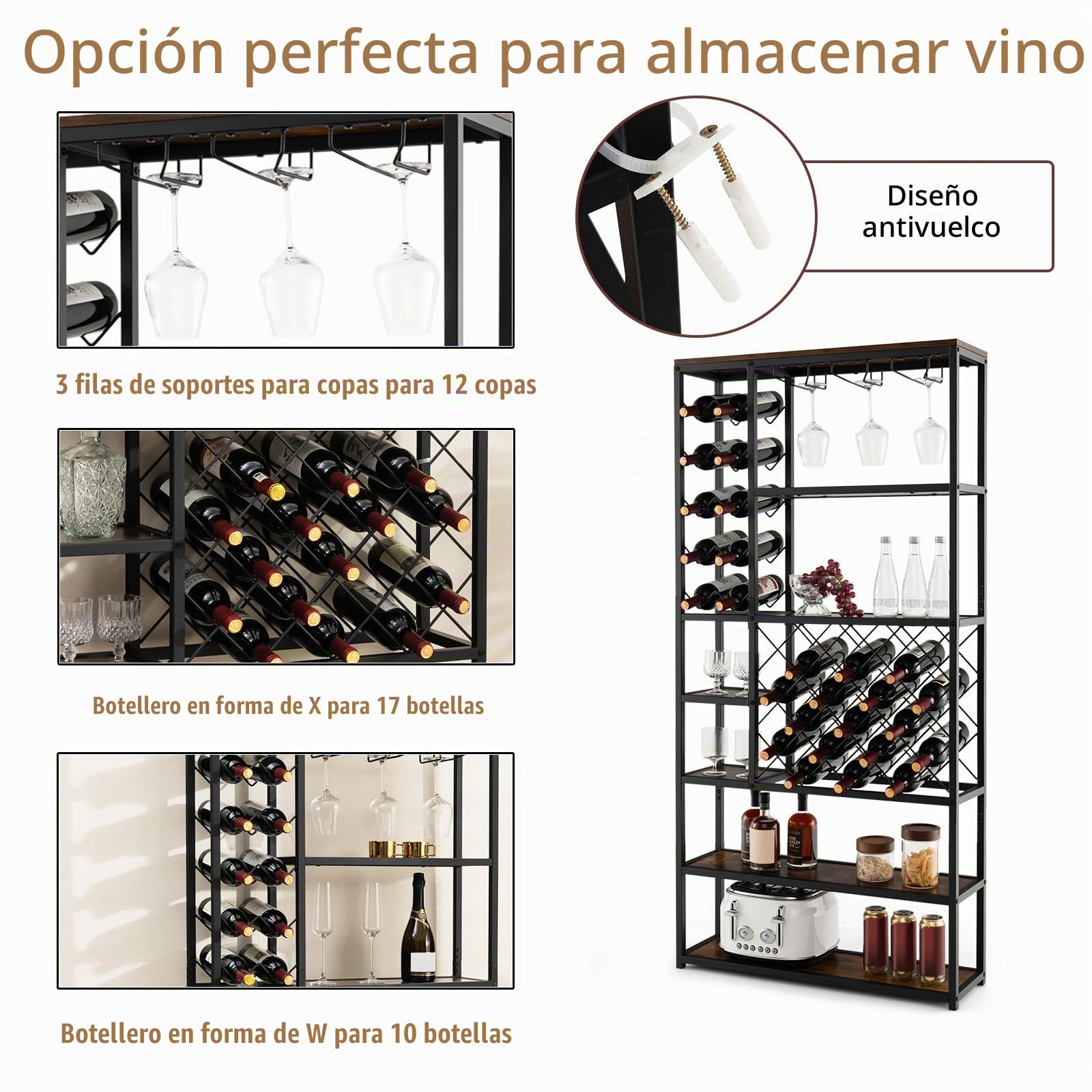 KOMFOTTEU Botellero para 27 Botellas, Estantería de Vino con 7 Niveles de Estantes y 3 Filas de Portavasos, Armario de Madera de Pie, Mueble Exhibición para Comedor, Despensa, Bar, 81 x 23 x 166 cm