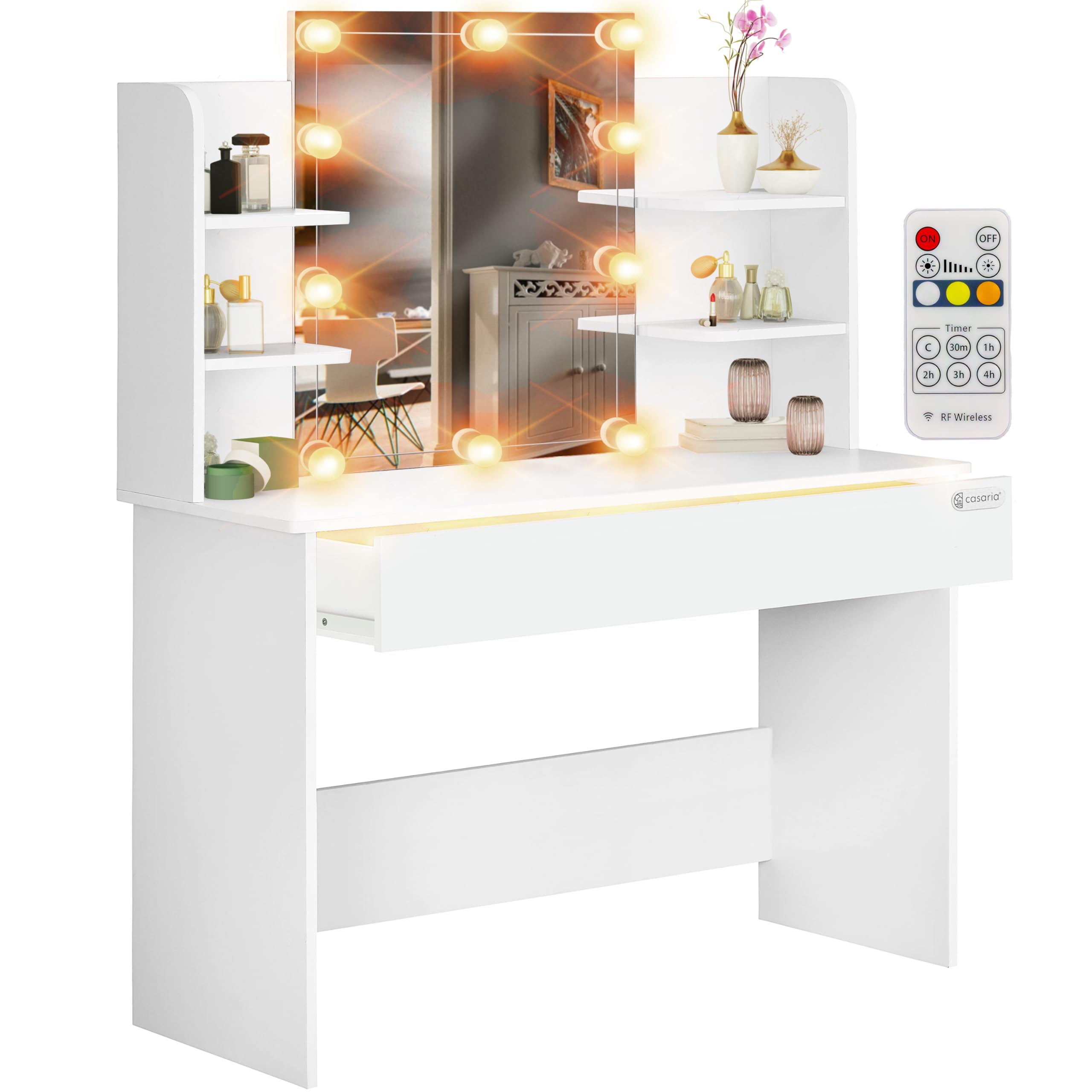 CASARIA® Tocador de Maquillaje Luces Led 110x40x140cm Brillo Regulable Espejo Blanco