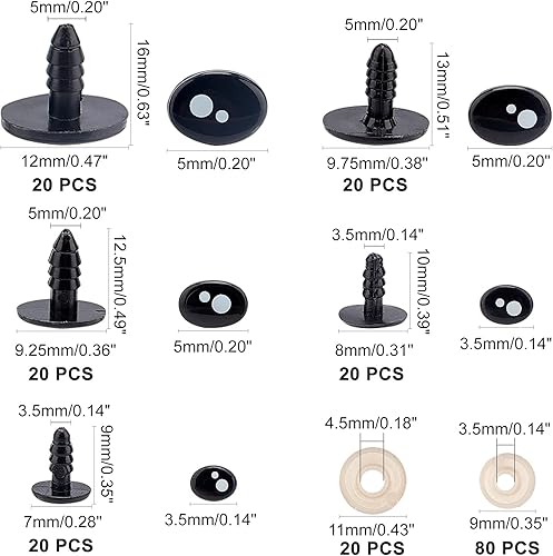 Miniatura 2 de PH PandaHall 200 ojos de seguridad kawaii, 5 tamaños, ojos de animales de peluche negros, ojos Kawaii con arandelas, ojos ovalados de resina de