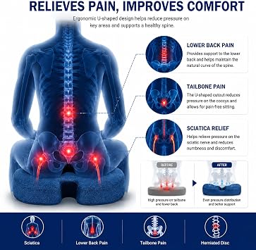 DR.DREAM Cooling Gel Memory Foam Seat Cushion for Long Sitting, U-Shaped Sciatica & Tailbone Pain Relief Cushion with Removable Cover, Non-Slip Ergonomic Office Chair & Car Seat Cushion (Blue)