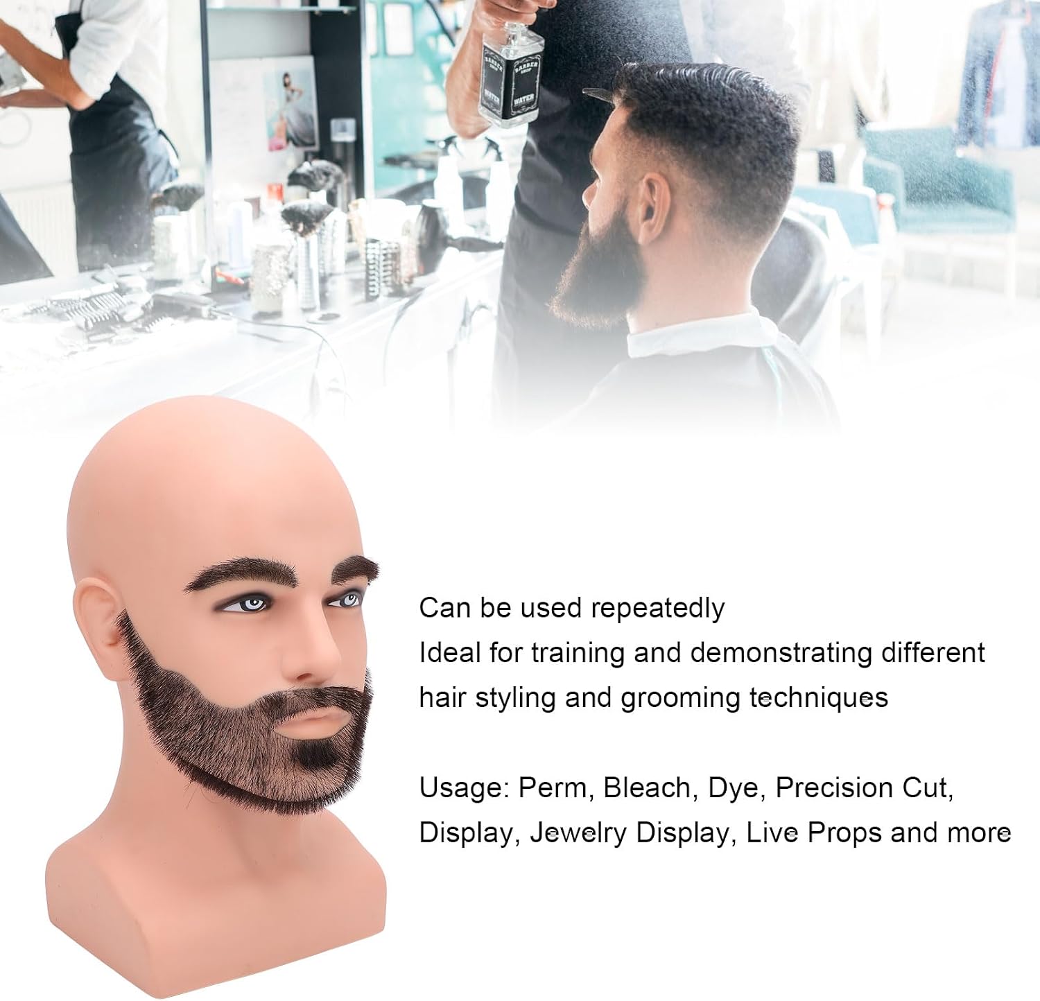 Male Bald Mannequin Head with Full Beard Eyebrows Resin PVC Realistic Barber Practice Bald Head
