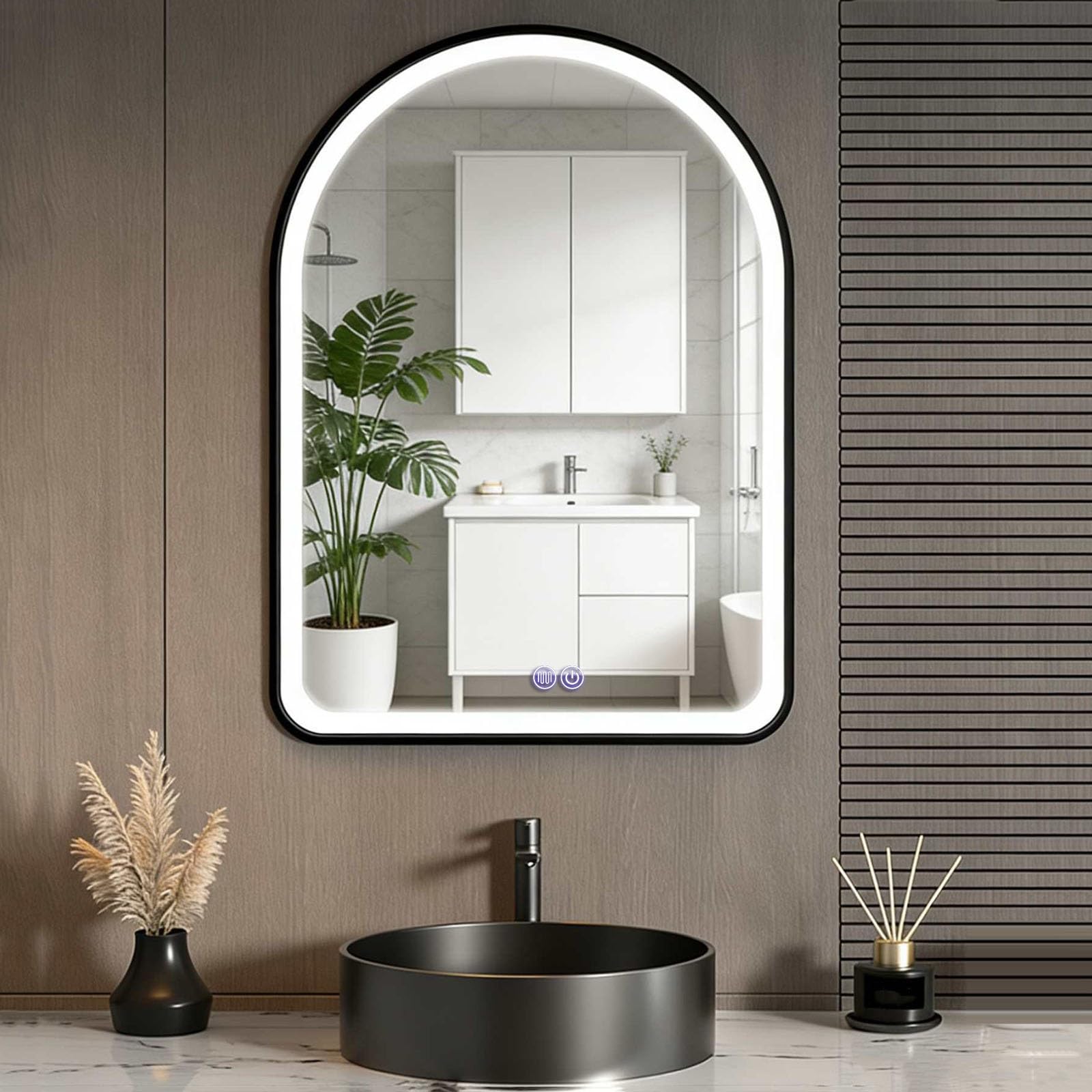 SXFSDOU Illuminated Bathroom Mirror, Arched LED Wall Mounted Vanity Mirror with Metal Frame, Anti-Fog and Dimmable Features