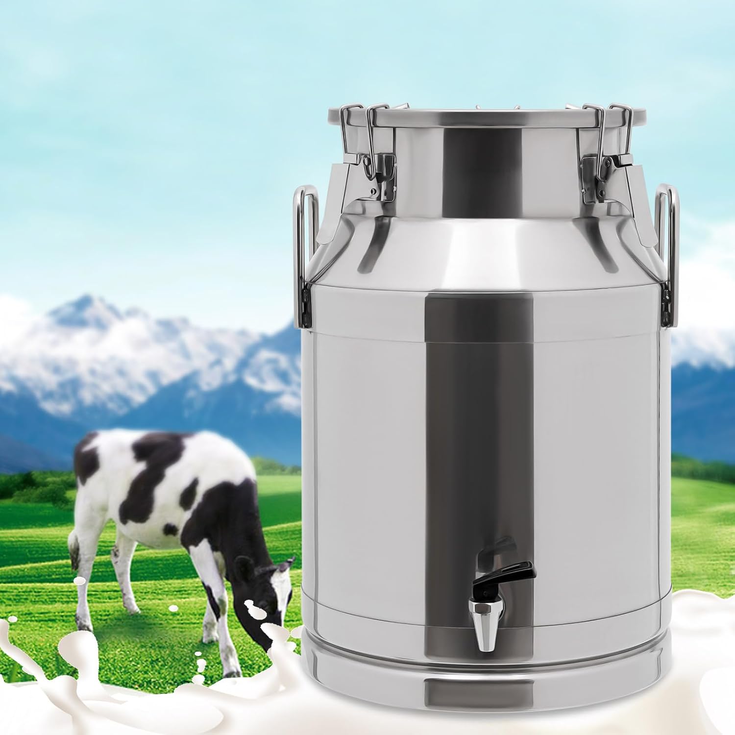 8Gal Stainless Steel Milk Can with Spigot, 30L Beverage Dispenser Bucket, Hanging Lid Container for Water, Oil, Tea, and Wine - Durable & Versatile Pail