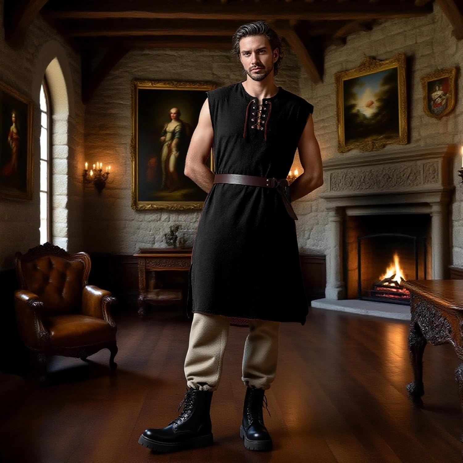 Medieval Tunic Men Renaissance Pirate Shirt Sleeveless Lace Up for Viking Knight Warrior LARP - Image 5