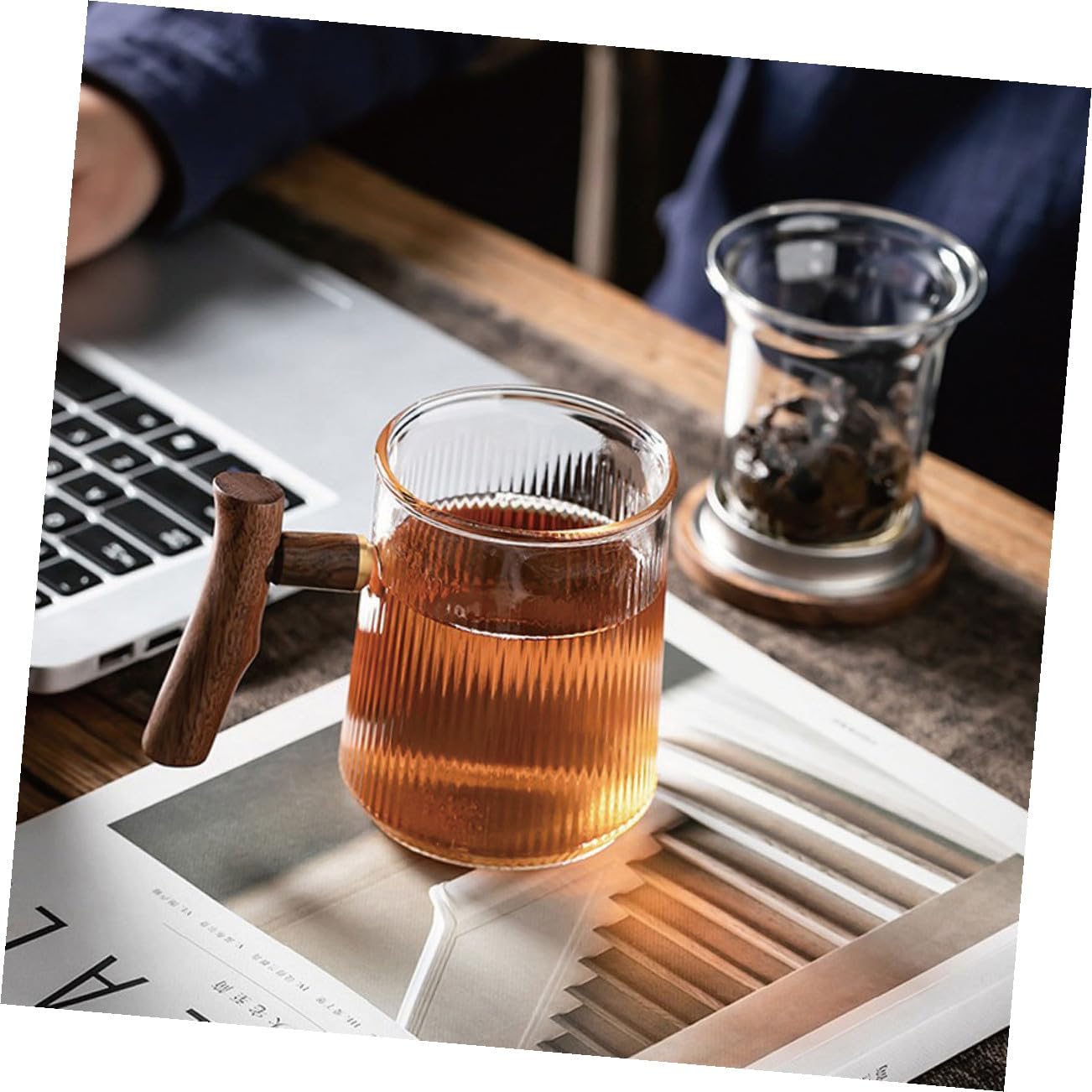 Vertical Stripe Glass Tea Infuser Mug with Handle 380ml Glass Tea Cup with Lid and Removable Infuser and Home Brewing