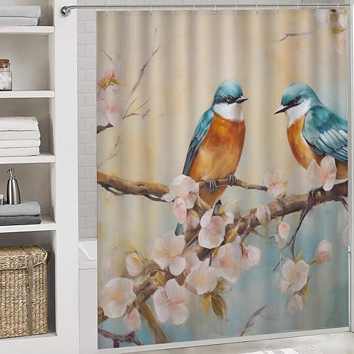 Miniatura 5 de Dunmat - Juego de 4 cortinas de ducha de acuarela con diseño de pájaro, flores botánicas, ramas de árbol, pájaros azules, juego de decoración de