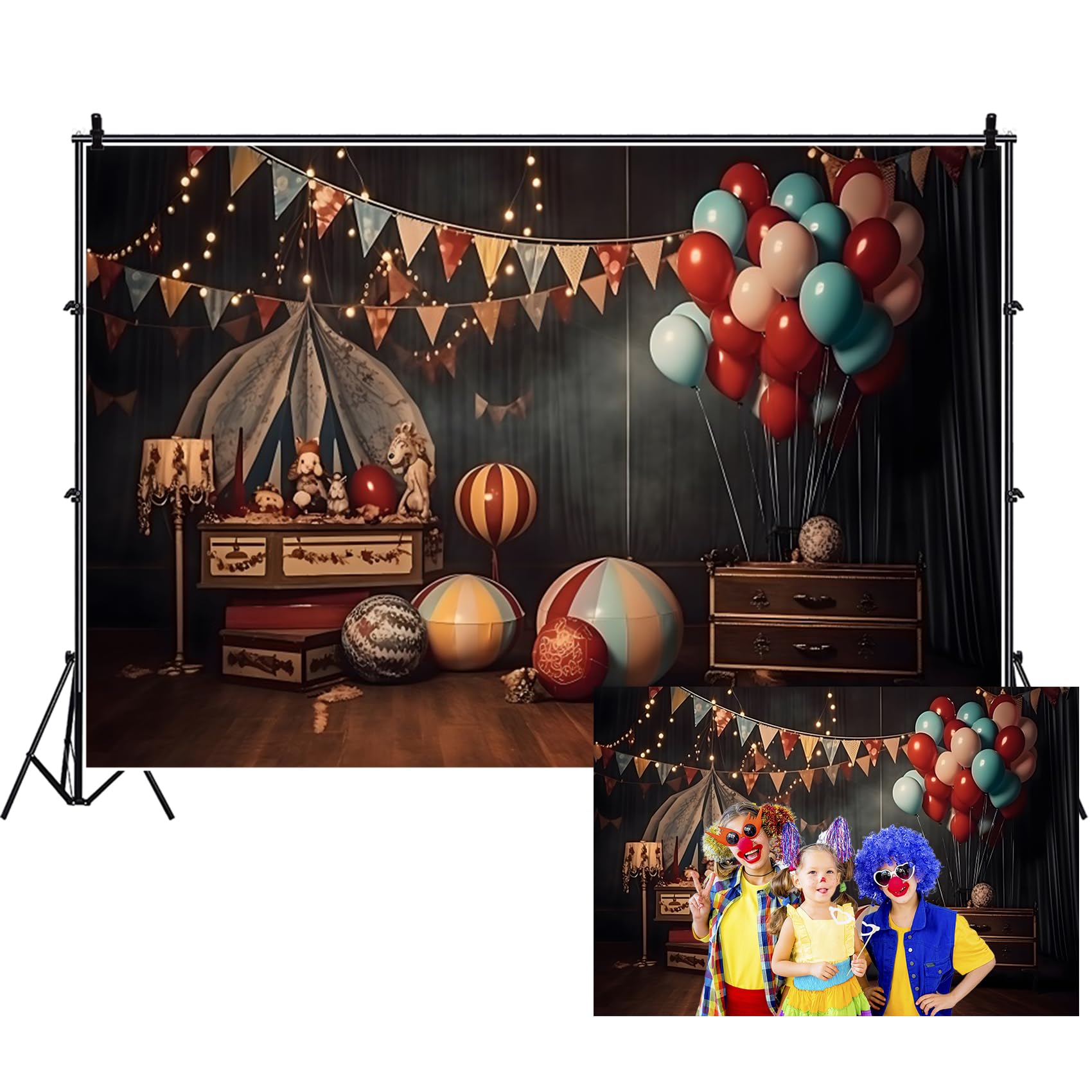 Circo Sfondo per la Fotografia 3.5x2.5m Carnevale a Tema Festa di Compleanno Foto Sfondo Palla di Gomma Palloncini Halloween Festival Celebrazione Banner Ritratto Foto Oggetti di Scena