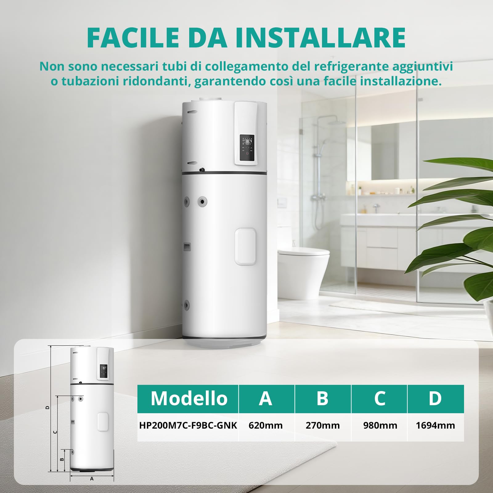 Pompe di calore verticali 200 L, R290 Pompa di calore aria-acqua per ville, alberghi, case vacanze, commerciali ed esterni, silenziosa 50 dB, riscaldamento rapido a 75 °C, WiFi
