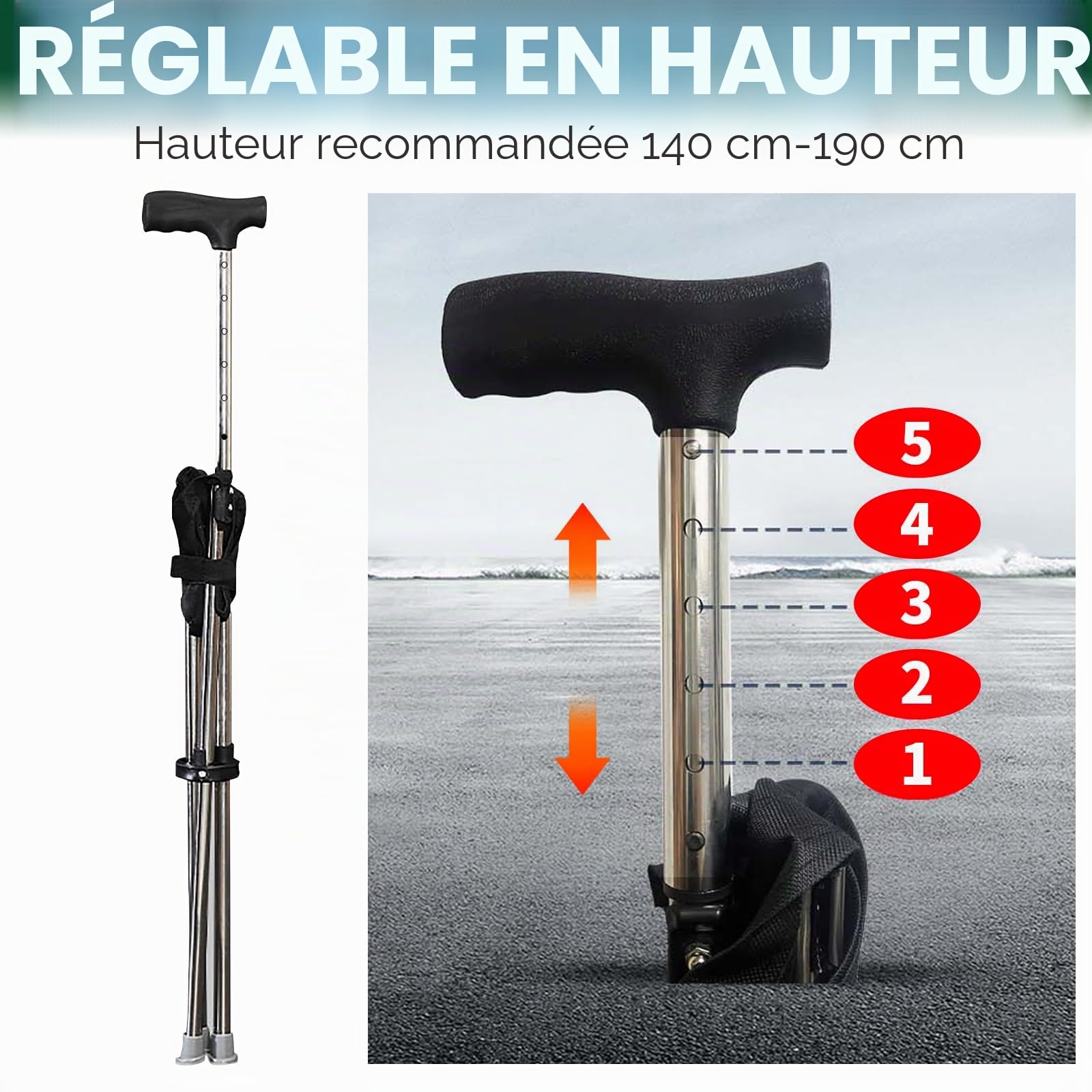 Bâton de marche avec assise pliable 80-90 cm avec assise et base en silicone antidérapant portable, léger avec capacité de charge de 100 kg pour personnes âgées de 140-190 cm