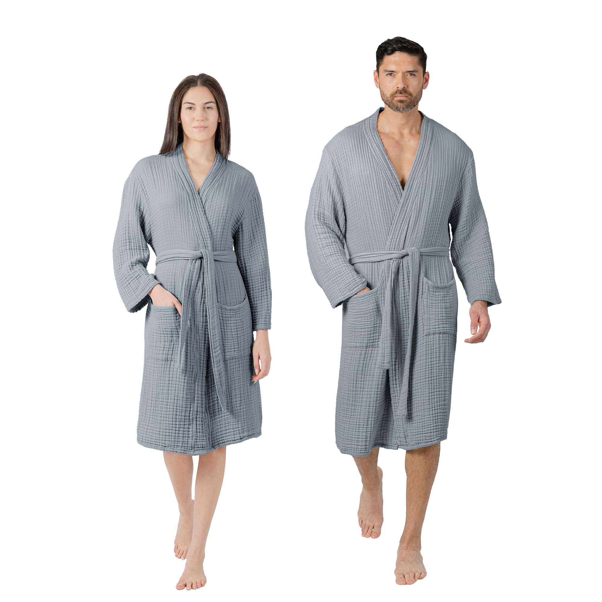Comfy Cubs 100% Cotton Muslin Bathrobe - 4-Layer Absorbent Robe with Pockets & Belt for Bath, Spa, or Lounging