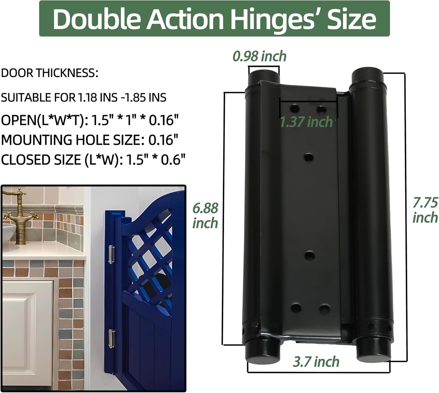 8inch Black Double Action Spring Hinges, Self Closing Door Hinges for Cafe Saloon Pub Swinging Doors, 201 Stainless Steel, Including Pins and Screws, 2Pack