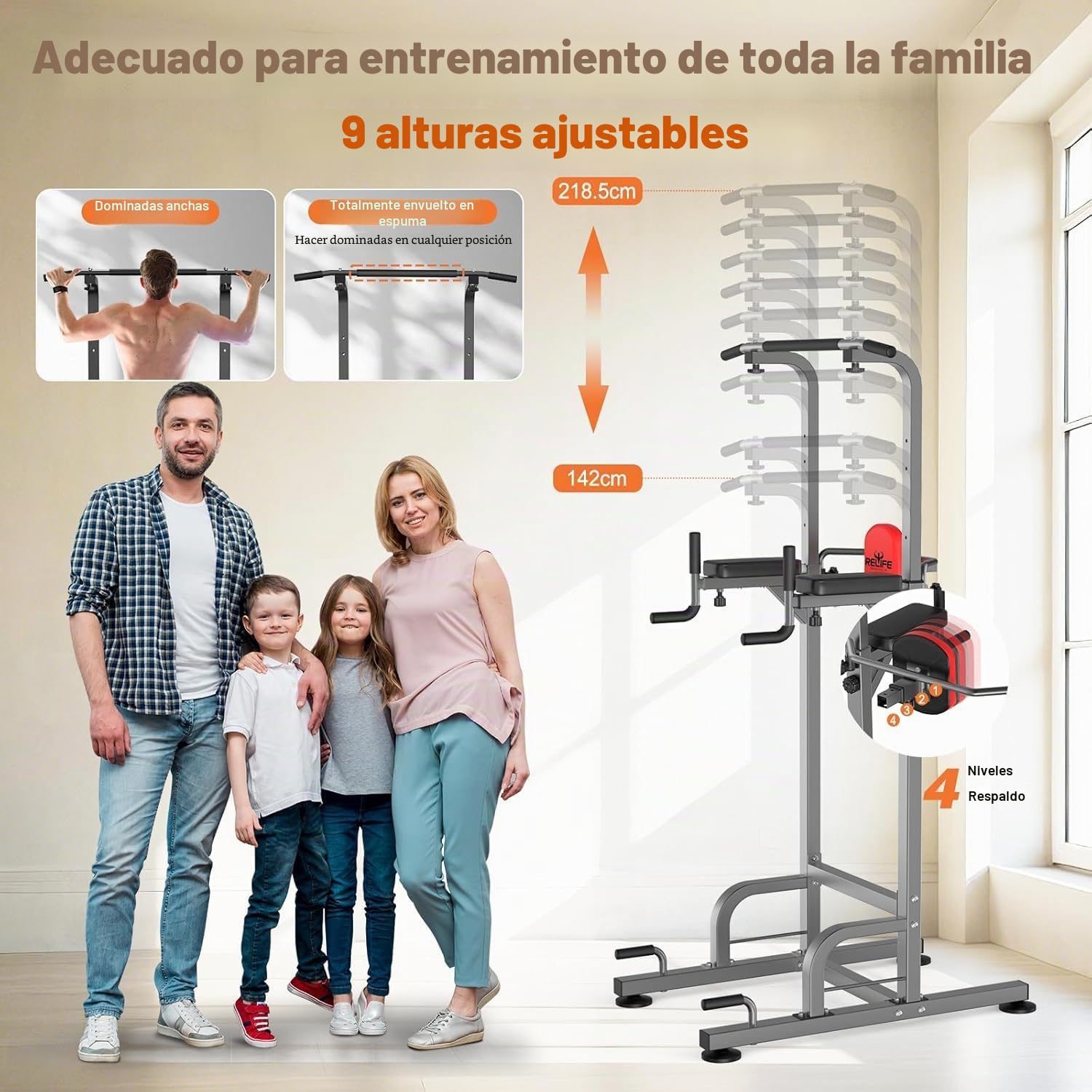 RELIFE REBUILD YOUR LIFE Torre Entrenamiento Energía Power Tower Estación Pull Up Multifuncional Barras Dominadas Torre de Gimnasia Casa Equipo de Fuerza Dip Station Musculación (Gris)