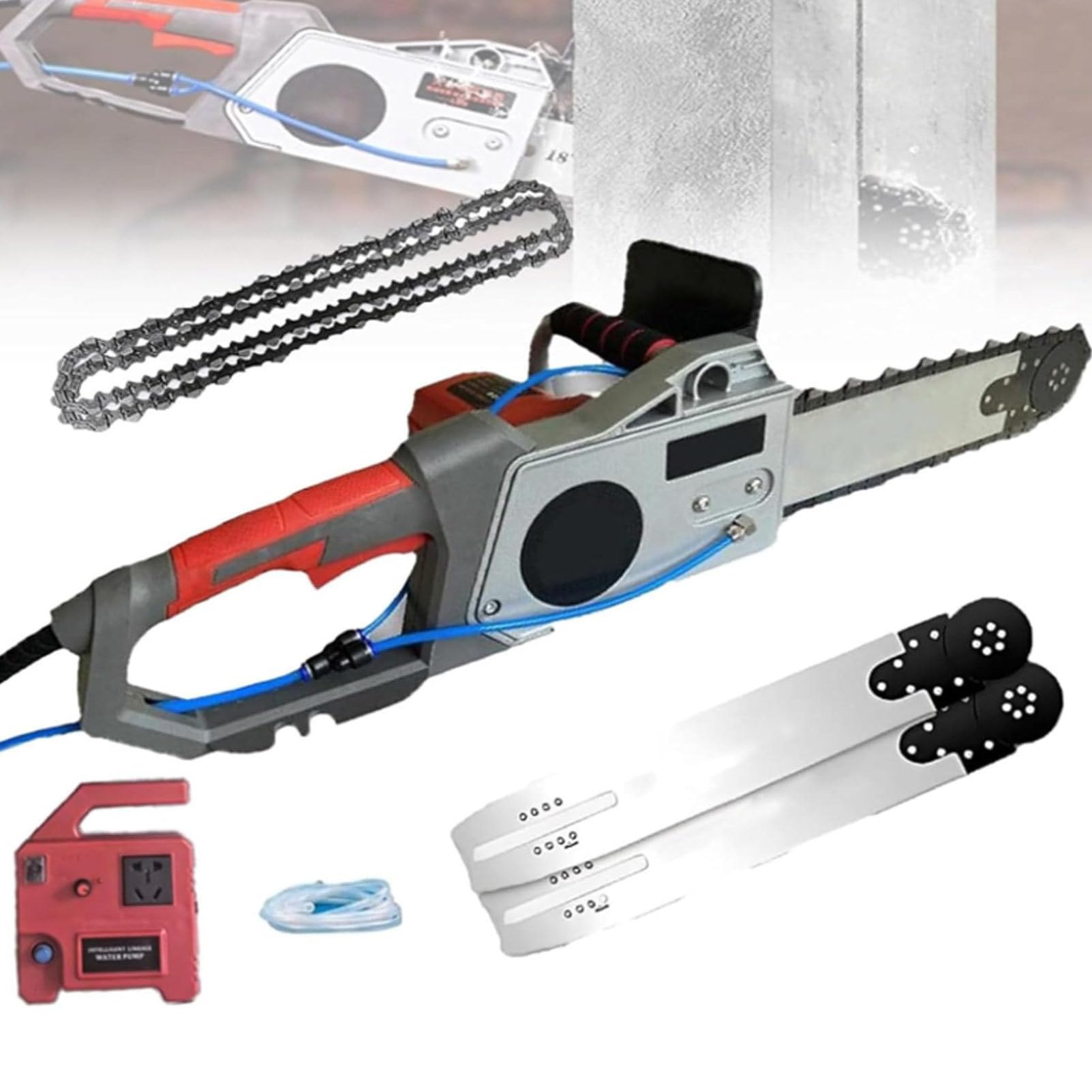 Sierra de cadena eléctrica para hormigón, cortador de pared de mano, cadena de diamante, supresión de polvo alimentada por agua, 2 cadenas/2 barras guía, profundidad de 35 cm, para granito, hormigón