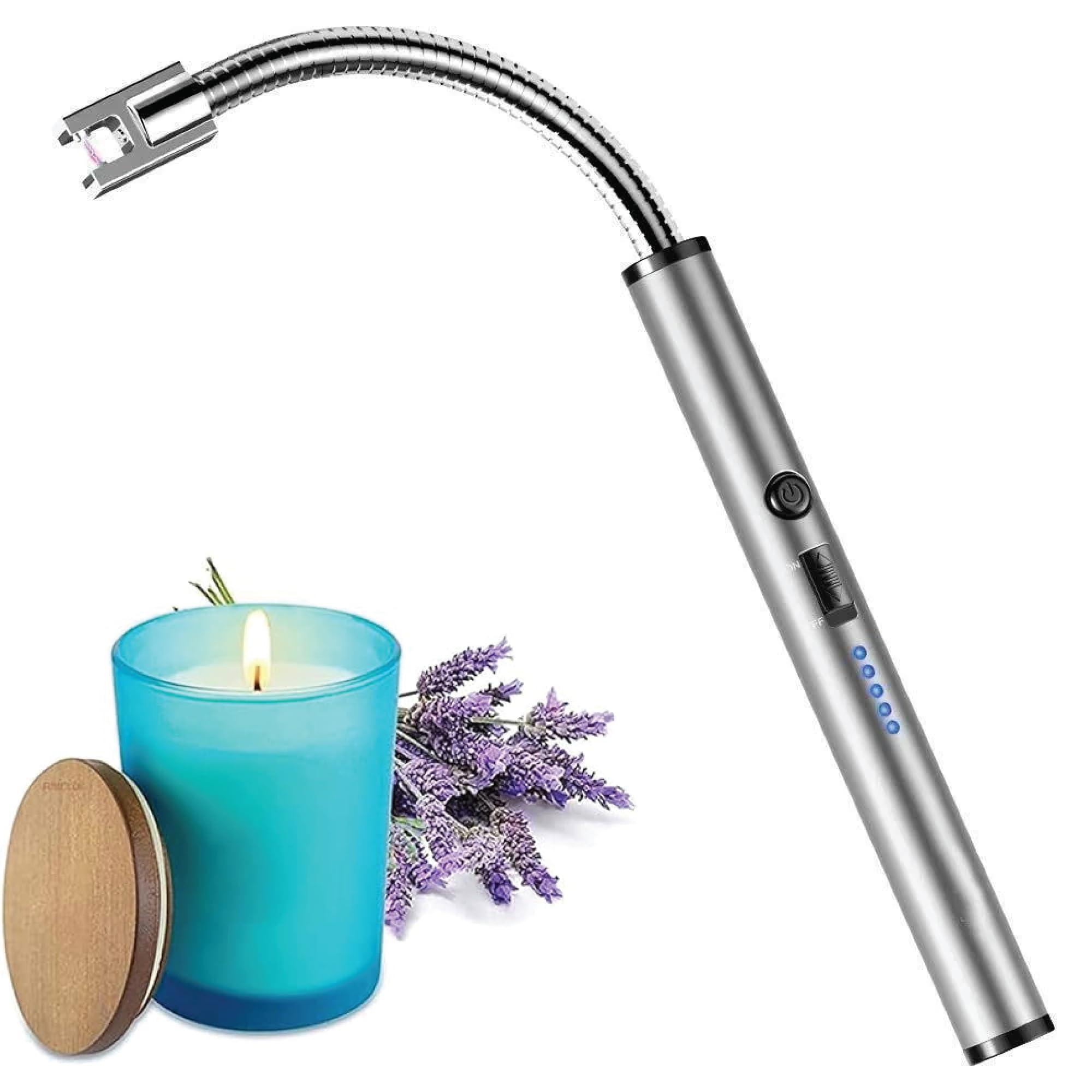 Samtek Silver Candle Lighter, Electric Lighter, Rechargeable Usb Lighter With Long Flexible Neck Flameless Fire Lighter Igniter With Safety Lock For Kitchen, Candles, Camping, Gas Stoves, Bbq (Silver)