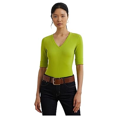 Lauren Ralph Lauren Stretch Cotton Elbow Sleeve V Neck T Shirts Women
