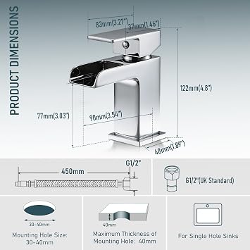 Hapilife Basin Taps Mixers Waterfall Bathroom Sink Mixer Tap Square Monobloc Chrome Cloakroom Faucet with G1/2’’ Hoses Mono 1 Hole Single Lever Semi-Open Spout Modern