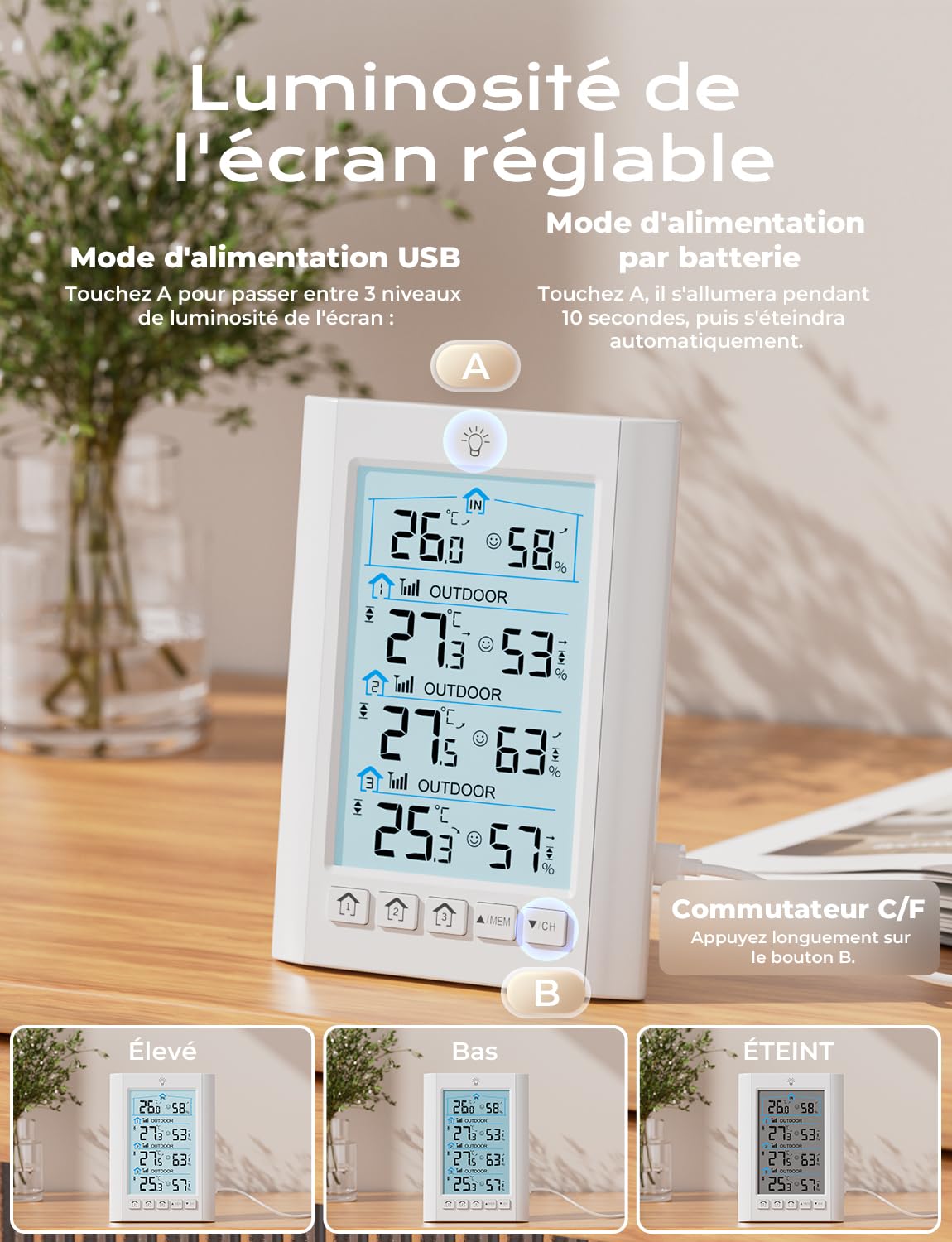 Station Meteo Interieur Exterieur Sans Fil LIORQUE Thermometre Hygrometre avec 3 capteurs LCD Portee Transmission 100m