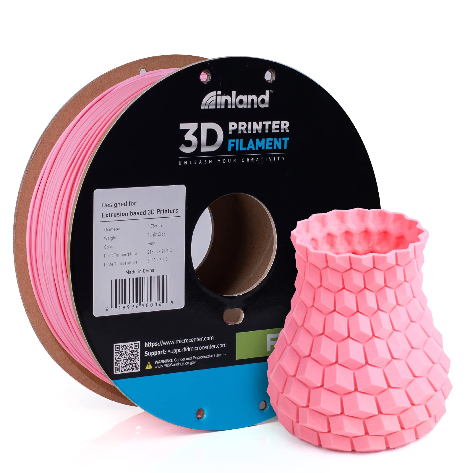 Micro Center Inland PLA Filament 1.75mm - Pink 3D Printer Filament, Dimensional Accuracy +/- 0.03mm - 1kg Cardboard Spool (2.2 lbs) – Fits Most FDM/FFF Printers – Odor Free, Clog Free Filaments