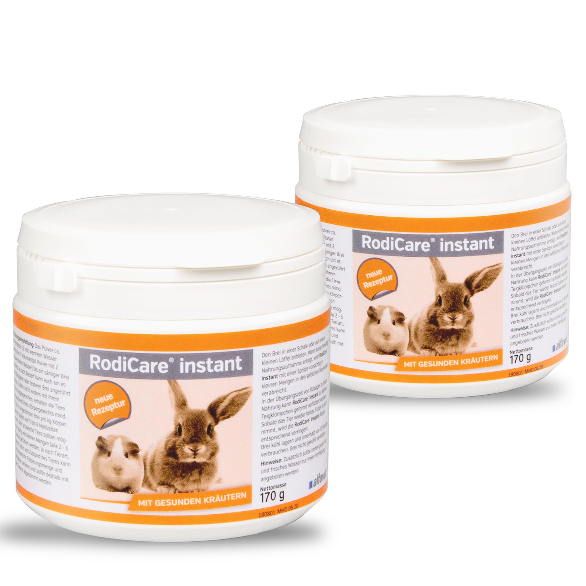 Alfavet RodiCare Instant - 2 x 170 g Polvo - Alimento Completo con Hierbas para Conejos, cobayas y pequeños roedores debilitados y sin apetito - con Cuchara dosificadora