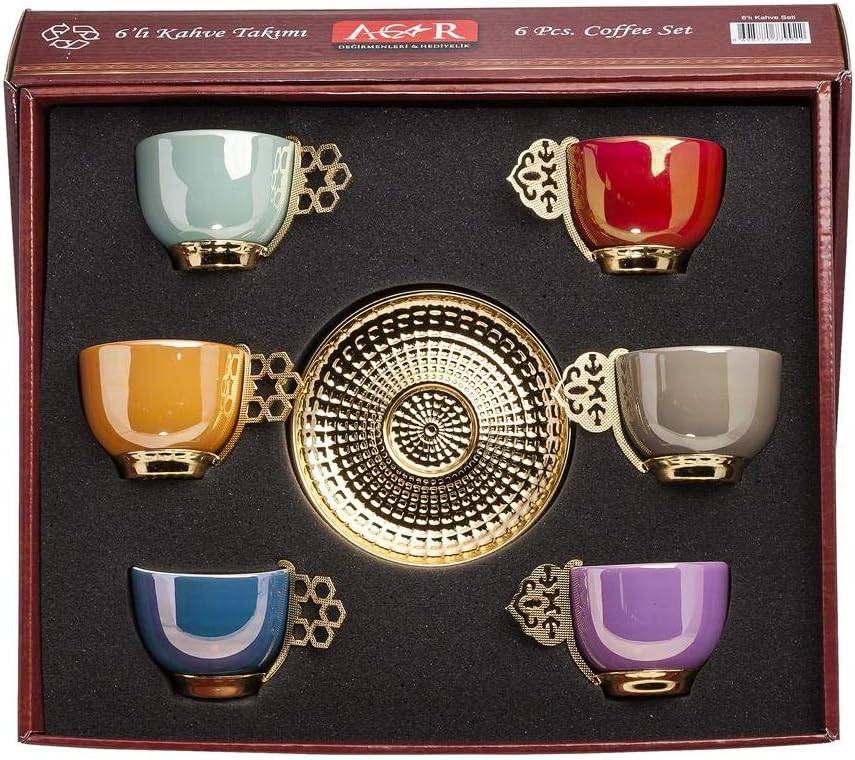 Turkish coffee set of 6 cups, porcelain cups, nice Multicolored coffee set Catering Serving Set and Kitchen Decorating will be a nice gift for others (Gold)