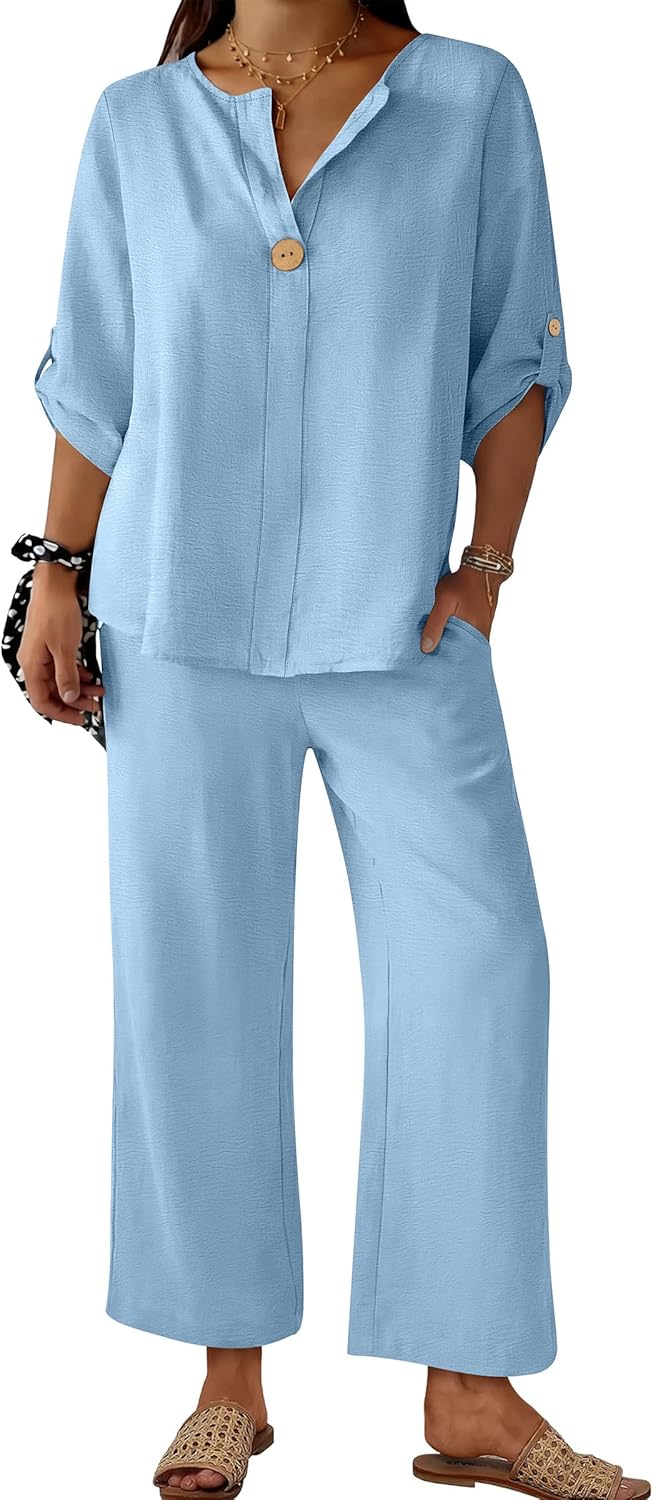 ANRABESS Womens Summer 2 Piece Lounge Sets 3/4 Sleeve V Neck Top Wide Leg Palazzo Pants Set 2026 Beach Travel Outfits