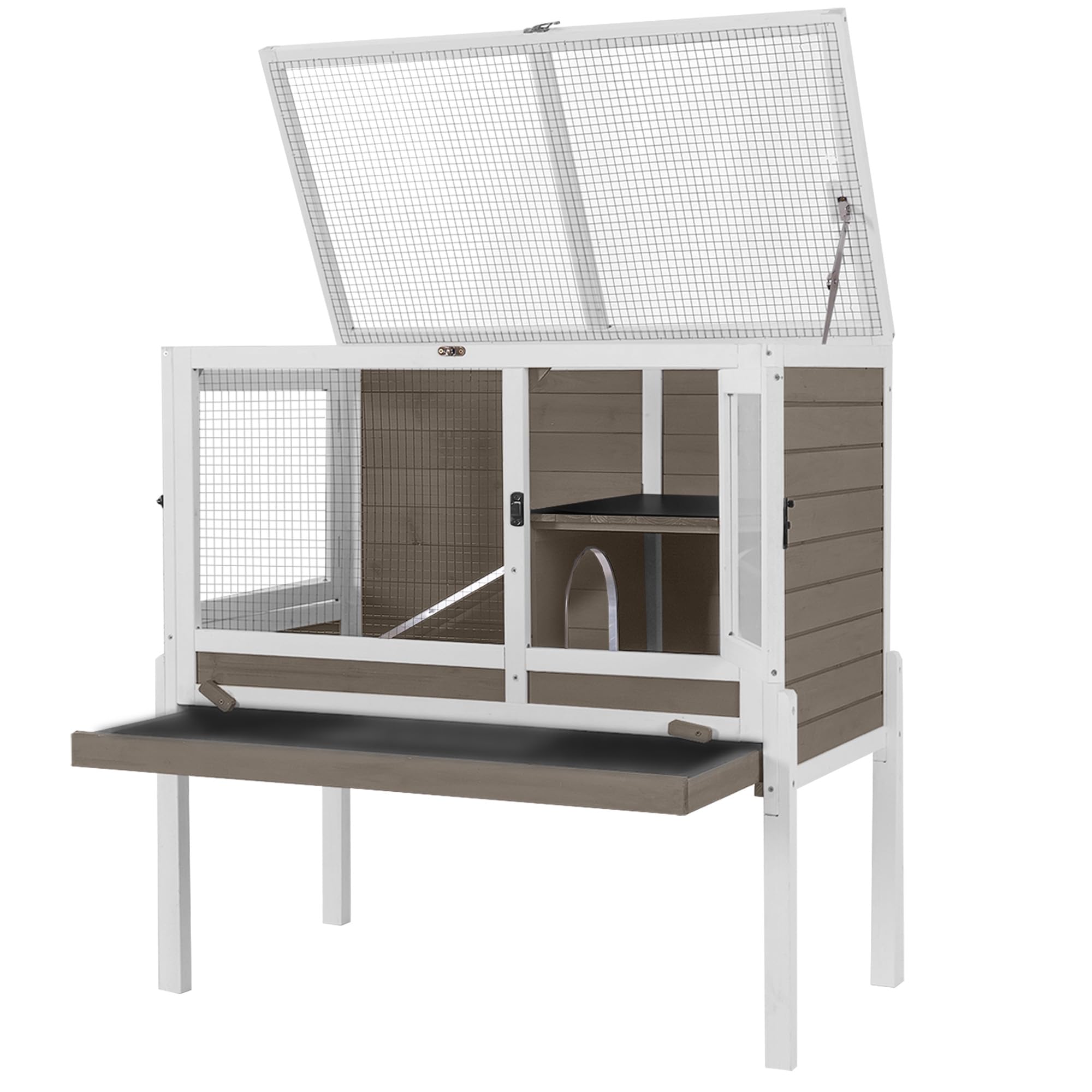 Aivituvin Guinea Pig Cages, Rabbit Hutch with Anti-Chew Frame, Bunny Cage with Cleaning Sliding Tray, 3 Openable Areas, Assemblable Legs, Ramp &amp; Hideout Included - Brown