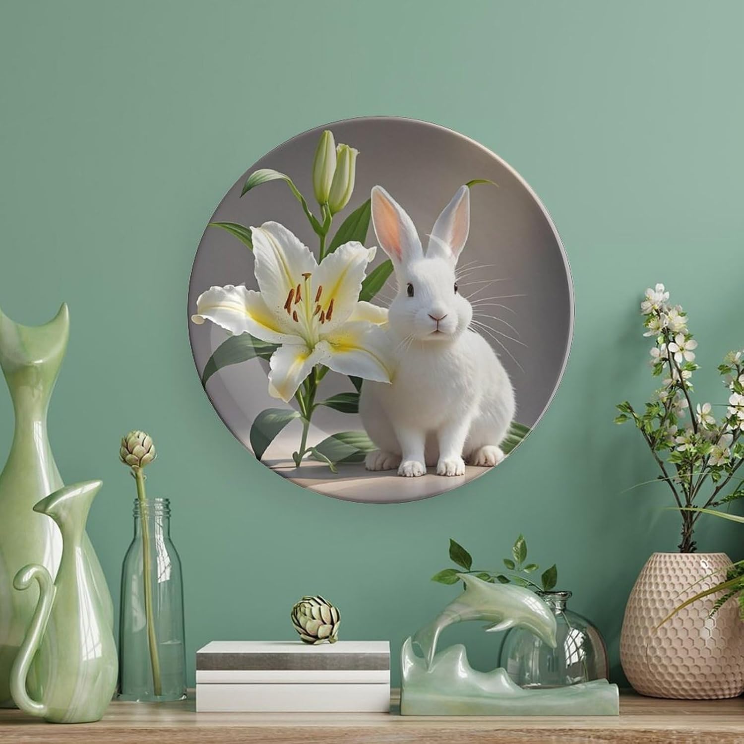 White Rabbit And Lilies Ceramic Decorative Plate, Bone China Plates image 5
