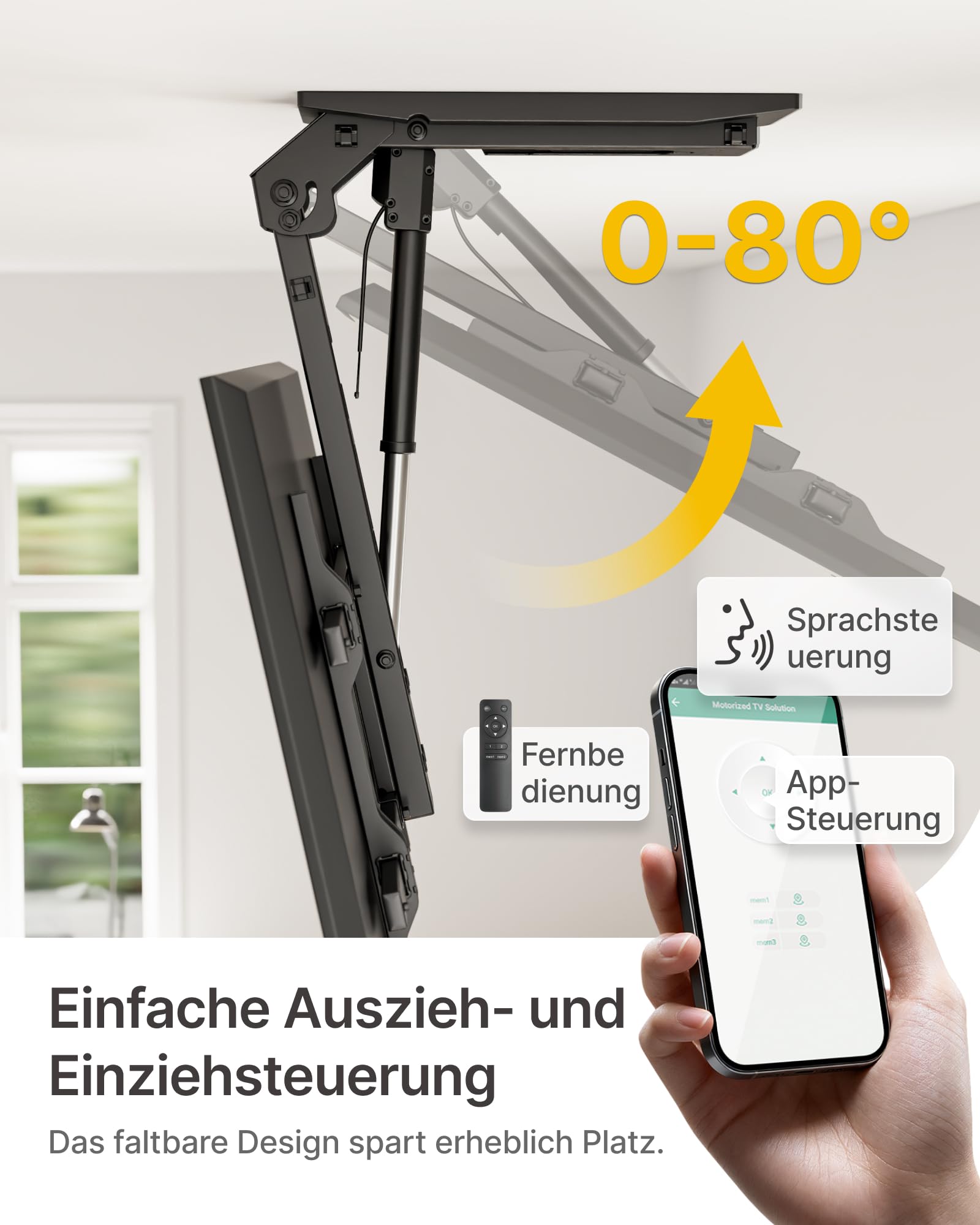 monTEK TV Deckenhalterung Elektrisch für 43-86 Zoll Fernseher, Elektrische TV Halterung Motorisiert Absenkbar für Flache & Geneigte Decken, Bis zu 45 kg Tragkraft, Fernbedienung/App/Sprachsteuerung