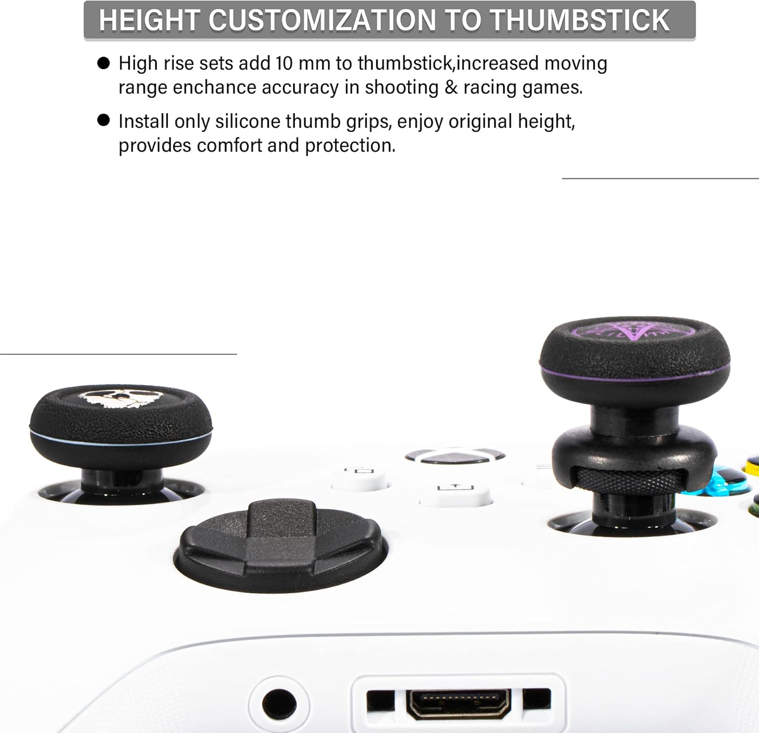 FPS Thumbstick Extender x 2 & Printing Rubber Silicone Grip Cover x 4 for Xbox Series X/S & Xbox One Controller(Ghost White&Demon Purple)