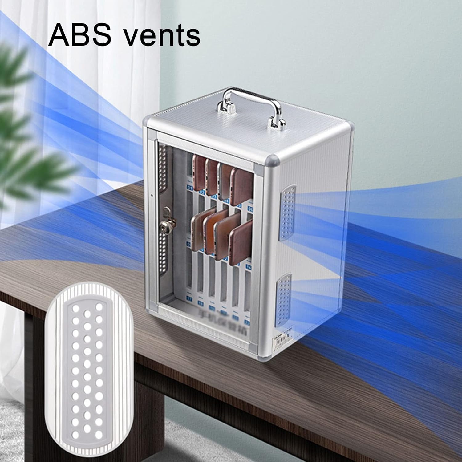 Mobile Phone Cabinet Mobile Phone Storage Box with Lock Mobile Phone Storage Cabinet with Cooling Holes Suitable for Schools Restaurants Conference Rooms,Silver-12 Slots