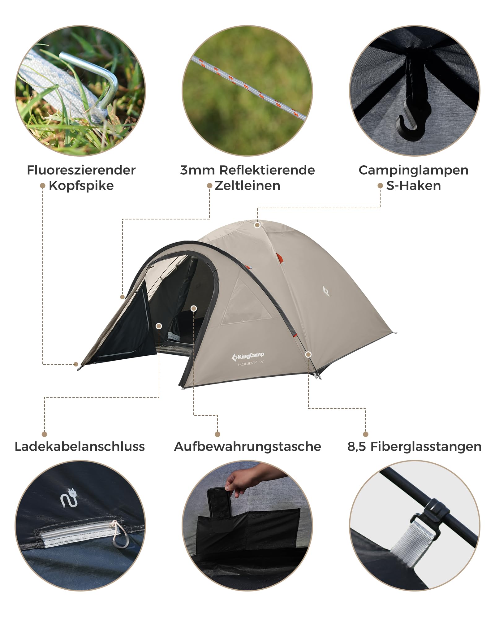 KingCamp Zelt 4 Personen, Geräumiges Camping Zelt mit Vorraum & PVC-Fenster, Einfach Aufzubauendes Doppelzelt, 3000mm Wasserdichtes Zelt, Leichtes Kuppelzelt für Outdoor Garten Camping