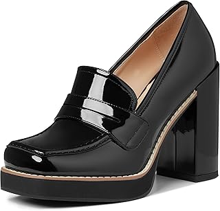 Heeled Loafers for Women Platform Loafers Chunky Block Heel School Uniform Oxfords Square Toe Classic Pumps Comfortable Slip On Walking Shoes