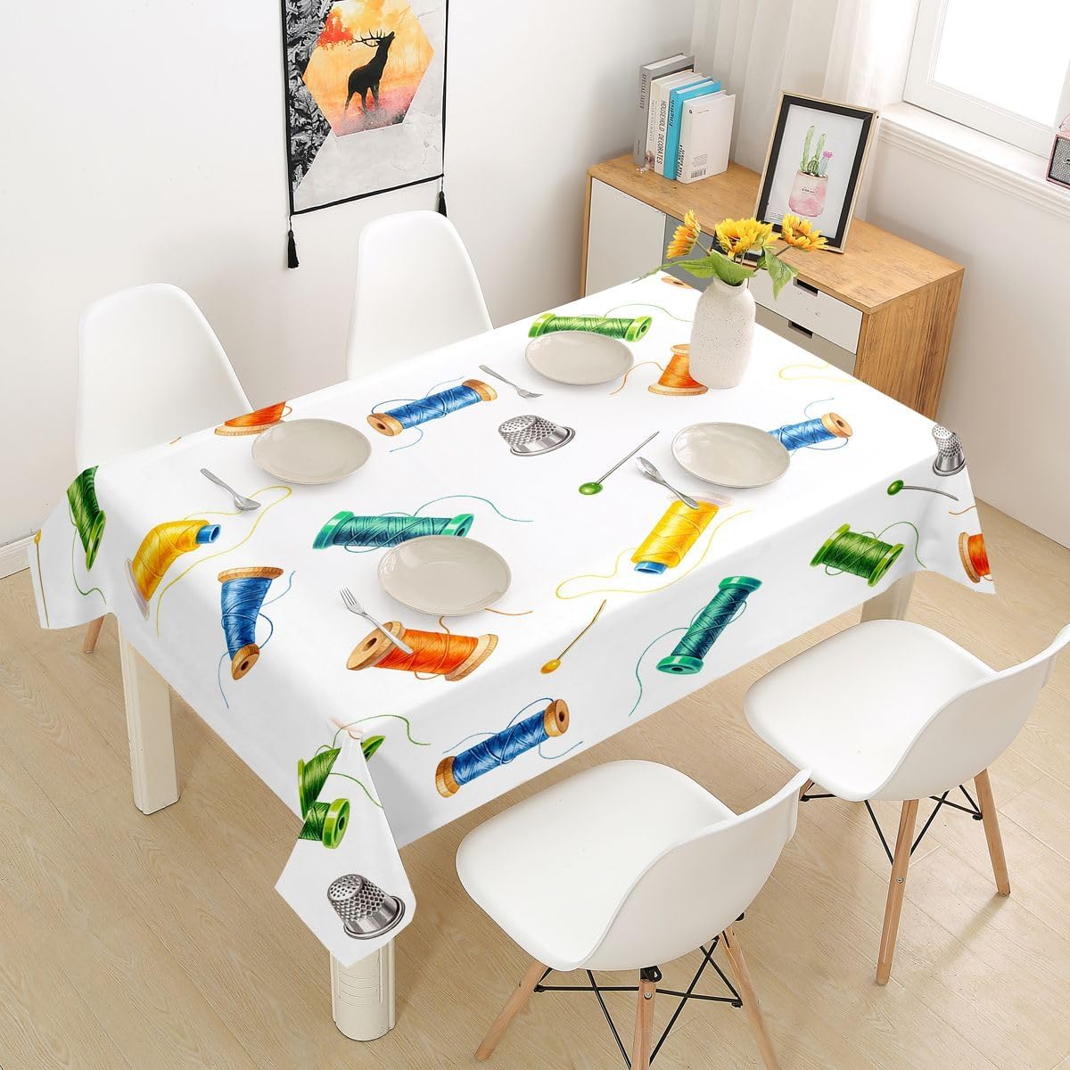 Homewish Watercolor Spool Tablecloths,Sewing Needle Table Cloth,Colorful Sewing Tool Table Accessories for Kitchen Dining Room Decor,Abstract Art Dining-Table Cover,55"x94"