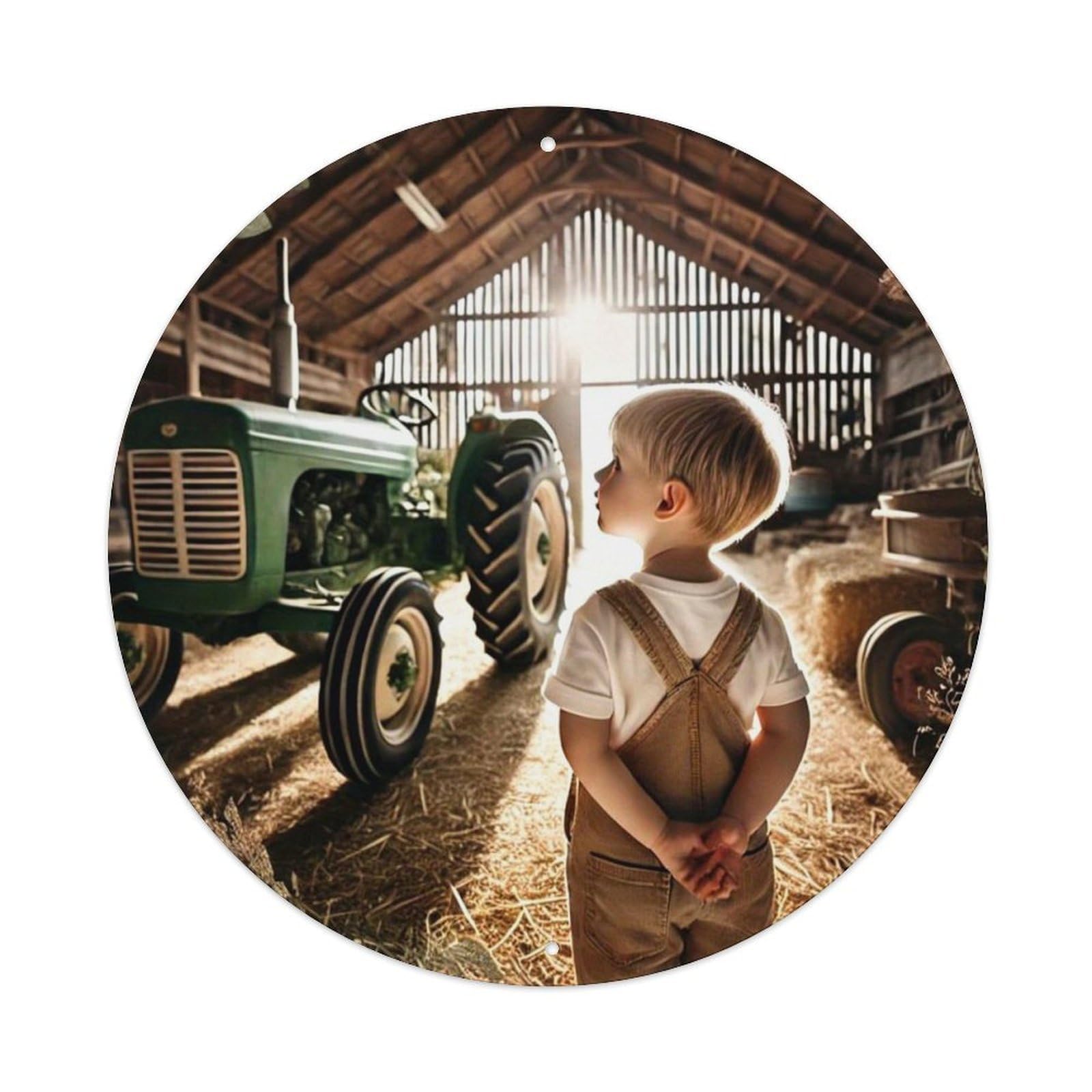 Boy In Barn With Tractor Tin Sign Metal Poster Vintage Metal Signs for Home Man Cave Bar Cafe Kitchen laundry room Wall Decorations 8x8 inches