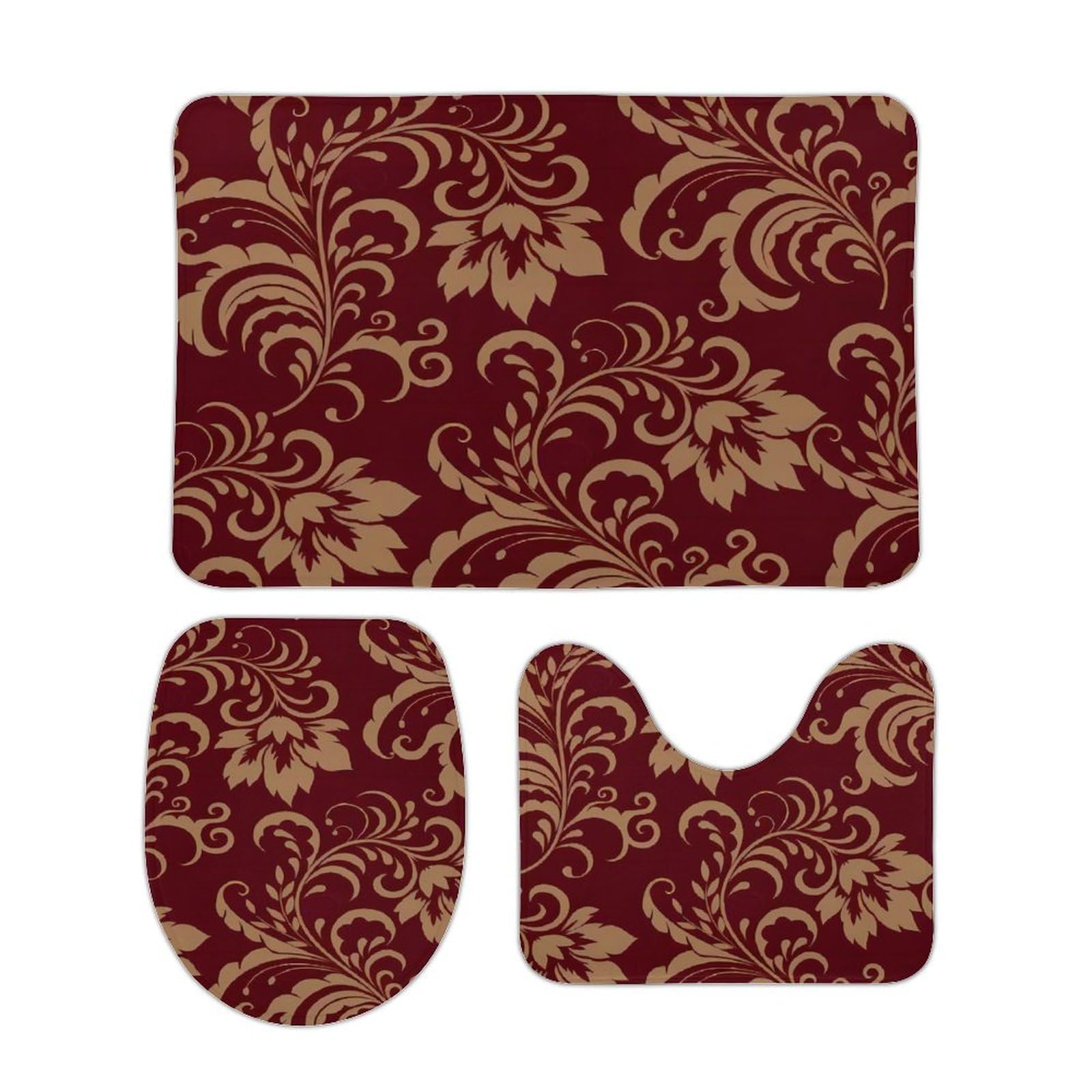 Yandier Flower Maroon Gold Floral Classy Burgundy Antique 3-Piece Bathroom Rug Set Non-Slip Toilet Mat Absorbent Bath Rug Set Shower Mat Bathroom