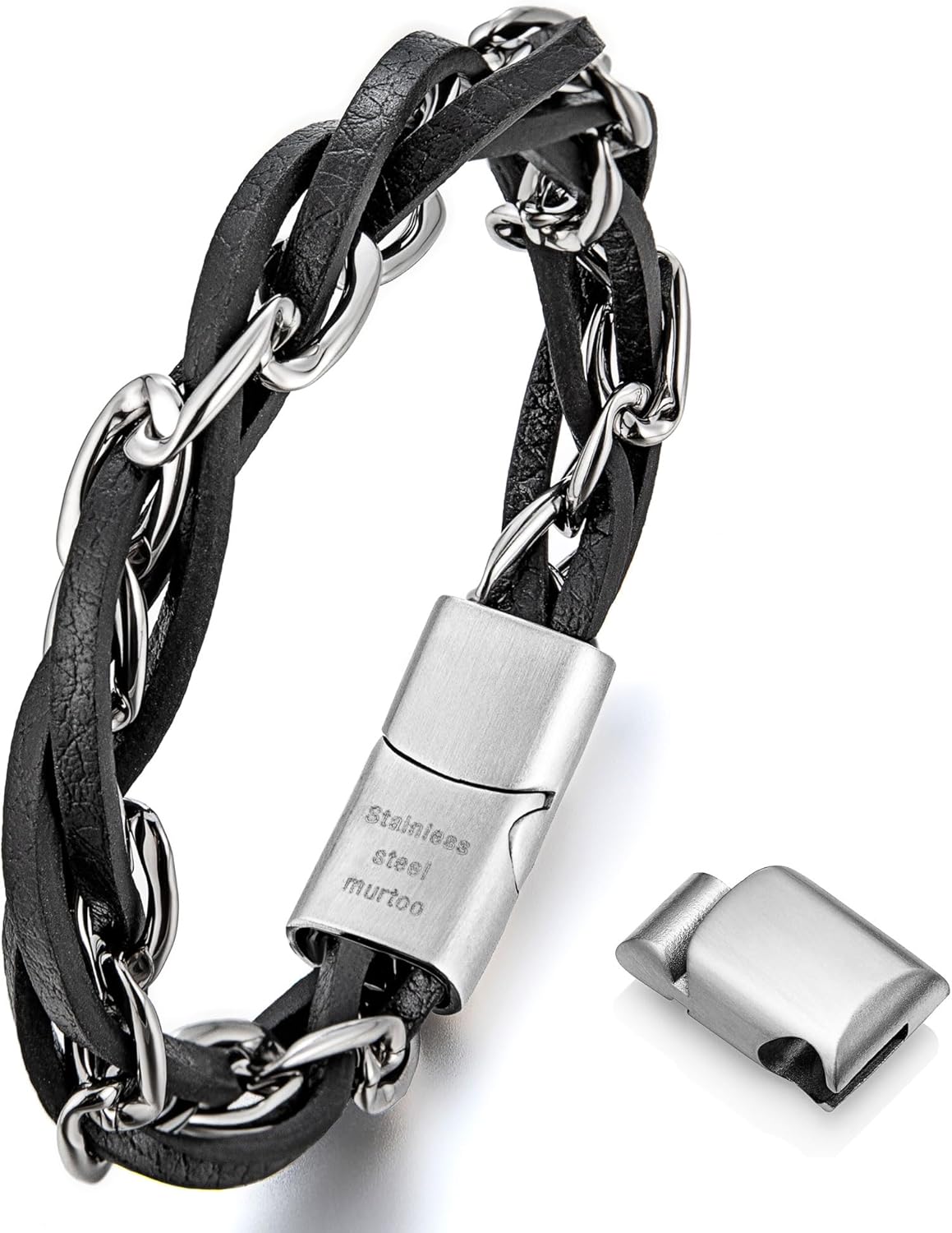 murtoo Mens Bracelet Leather and Steel, Stainless Steel Chain Bracelet with Braided Leather and Magnetic Clasp, Stylish Gift for Men Boys (Silver, Black Leather, 7.5 inch)