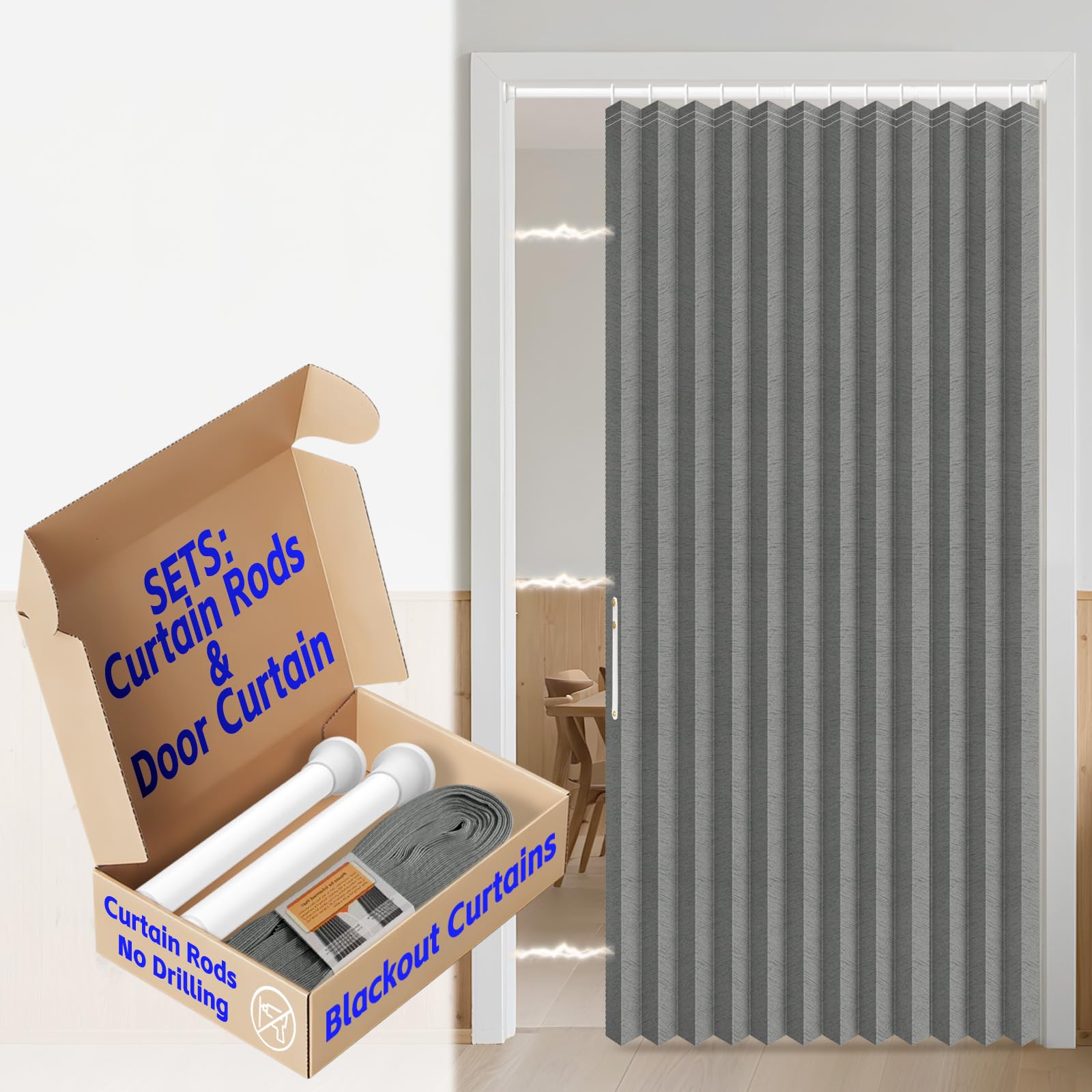 AJAZZ Blackout Magnetic Door Curtain with Curtain Rods Adjustable 28-52" Long Pleated Door Curtain Folding Door Invisible for Bedroom Room Living Room Doorway (1 Pack, 52 W x 78 L, Dark Grey)