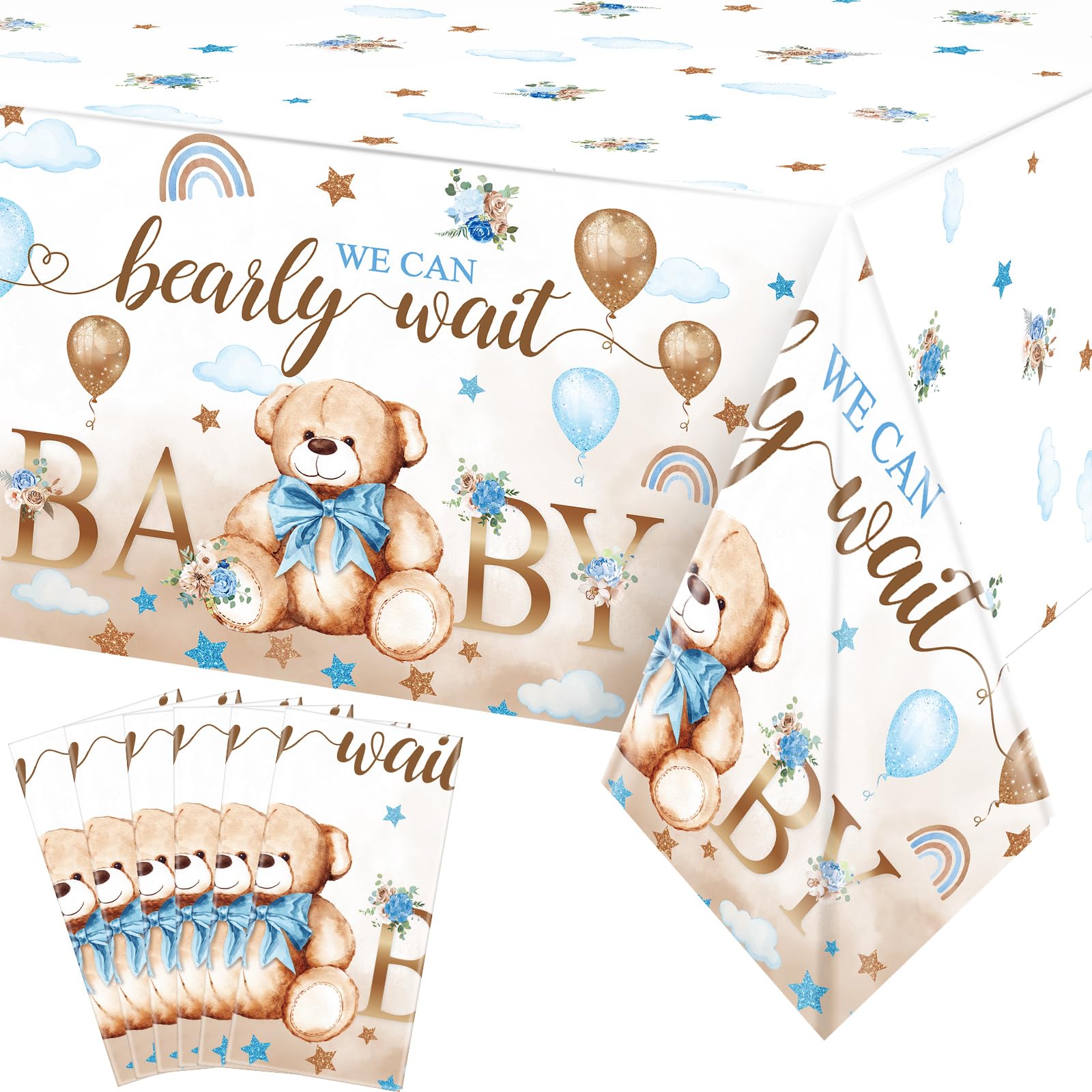 Tegeme 6 Pack Bear Baby Shower Tablecloths 54 x 108 Inch, Brown Blue