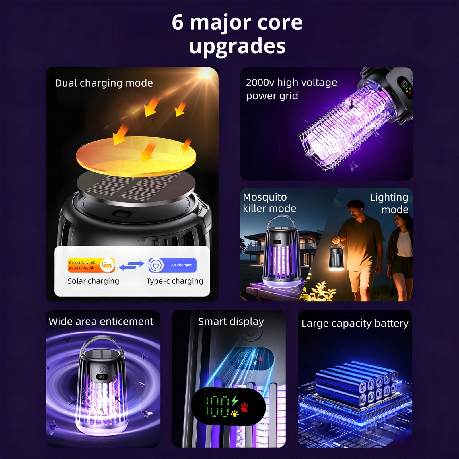 Lampada antizanzare ricaricabile solare, portatile, elettrica per esterni, luce viola per patio, campeggio e giardino (nero)