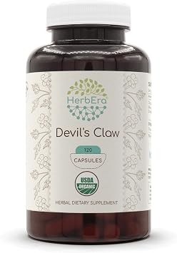 Devils Claw USDA Organic 120 Capsules | Natural Herbal Supplement | Certified Organic Vegetarian Capsules and Organic Devils Claw Harpagophytum procumbens Dried Root 120 Capsules