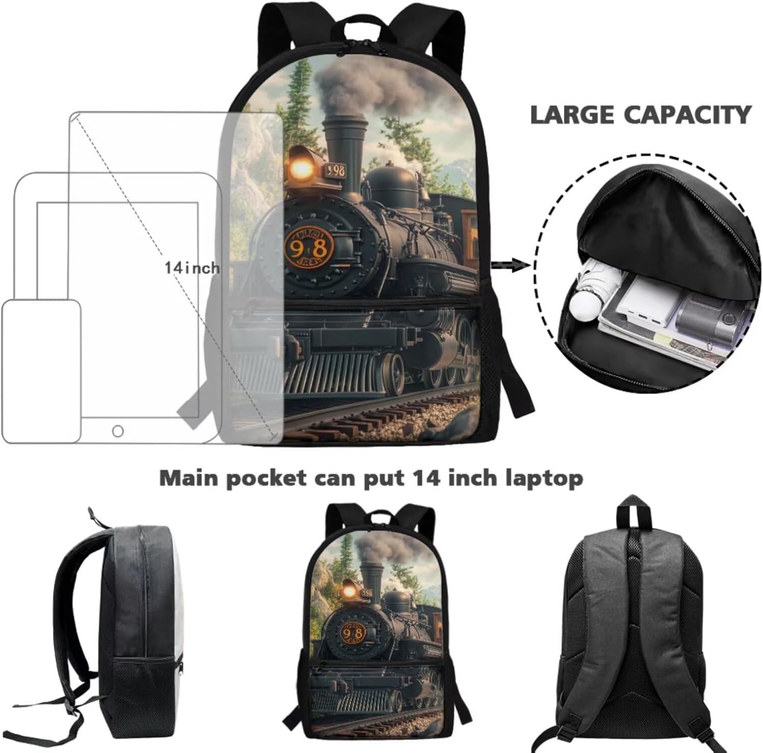 Retro Steam Engine Train Backpack for Boys 5-7 with Lunch Box Cool School Bag and Lunch Bag 17 Inches School Backpacks Lunchbox Pencil Case Water Bottle Holder, 4-in-1