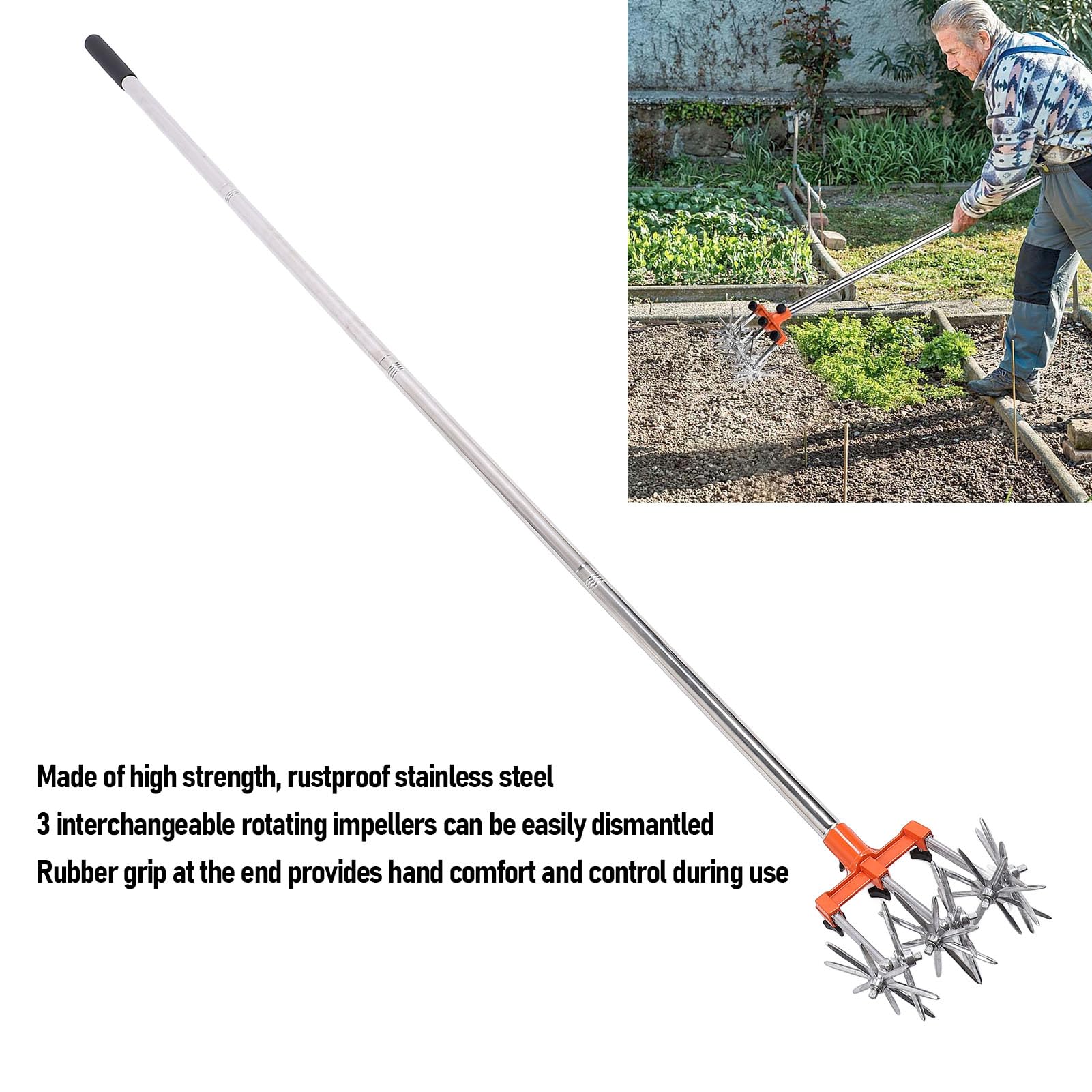 Cultivador Rotativo Manual, Timón de Mano de Acero Inoxidable con Ajustable y 3 Ruedas Intercambiables, para la Aireación y Desmalezado del Suelo del Jardín del Césped