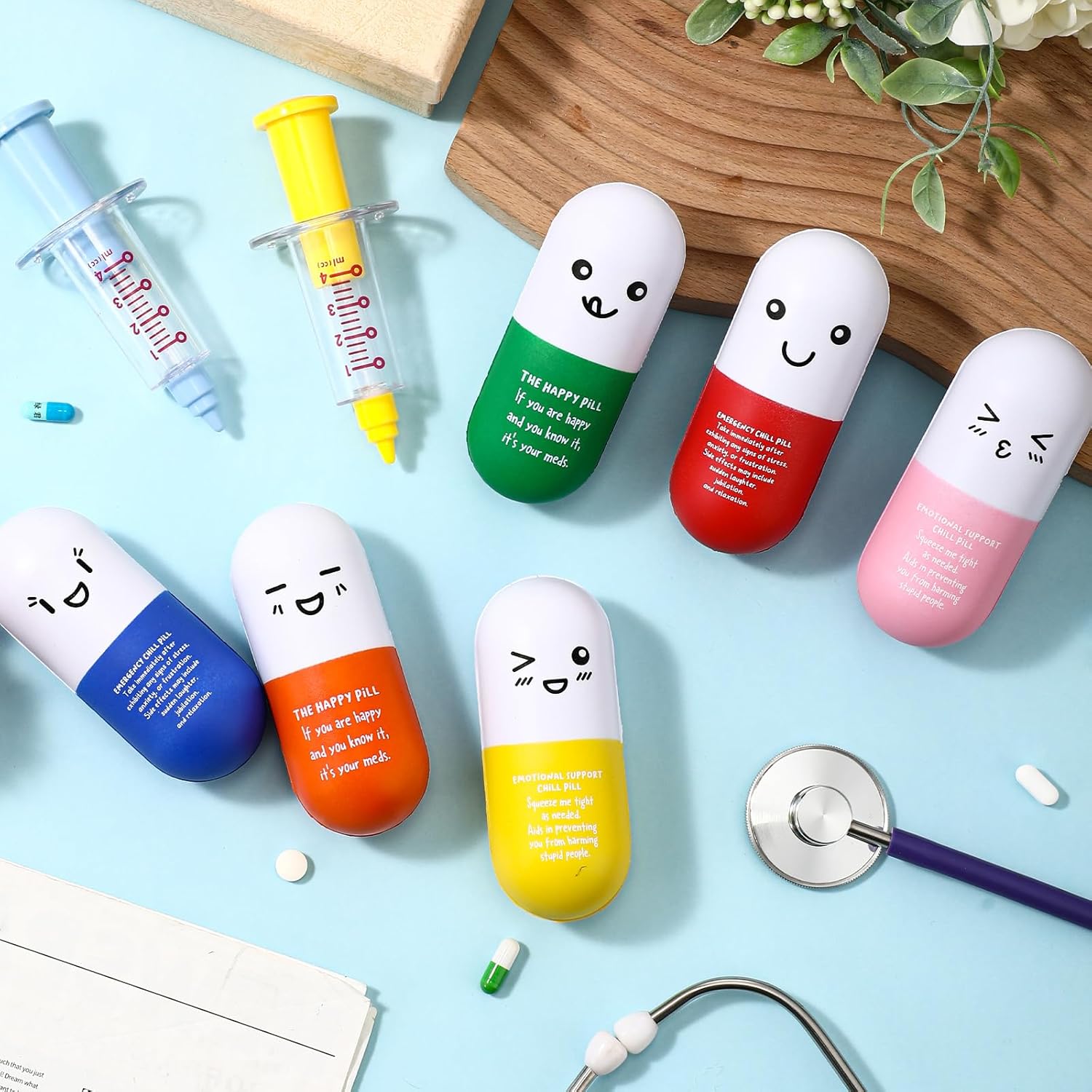 30 Pcs Pill Stress Ball Pharmacy Technician Gift for Pharmacist Nurses Doctor Pill Shaped Foam Inspirational Coworker Employee Stress Ball with Cute Cartoon Emotion Face (Emergency)